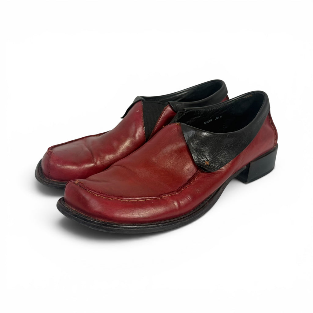 everybody bz moda red + black italian leather slip on square toe loafers