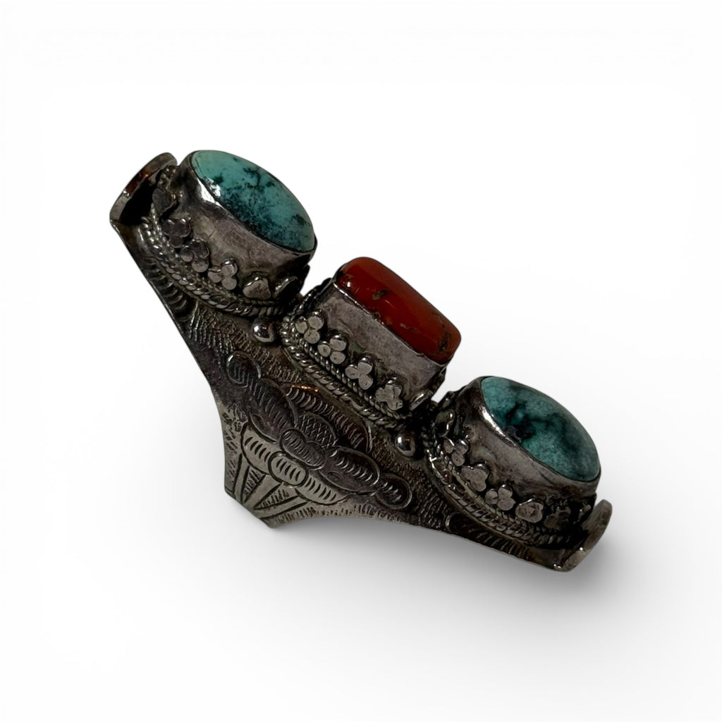 vintage tibetan silver turquoise & coral long ring