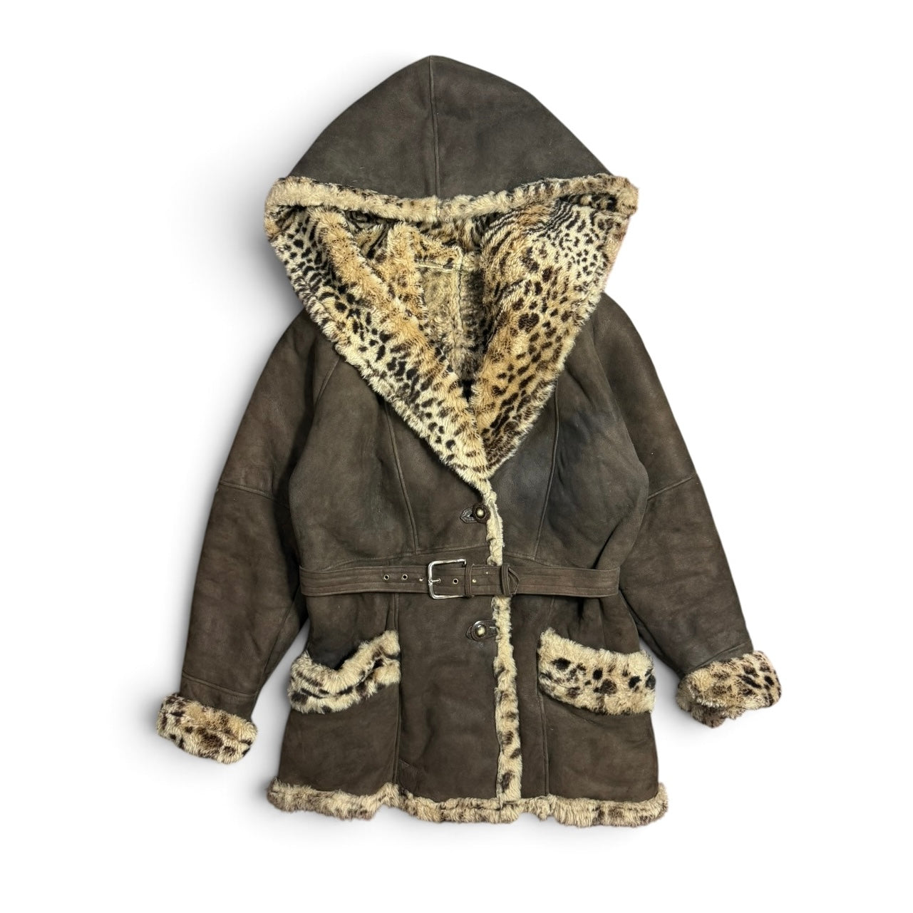 vintage delino sheepskin shearling hooded brown suede leopard fur lined coat