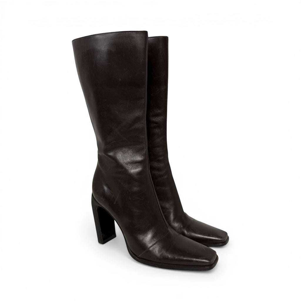 vintage gucci tom ford era distressed dark brown leather square toe boots