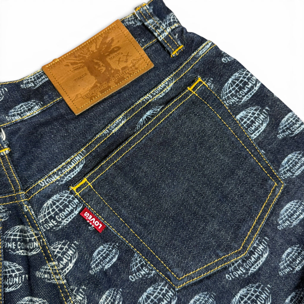 vintage ozone community all over print globe logo flared japanese denim