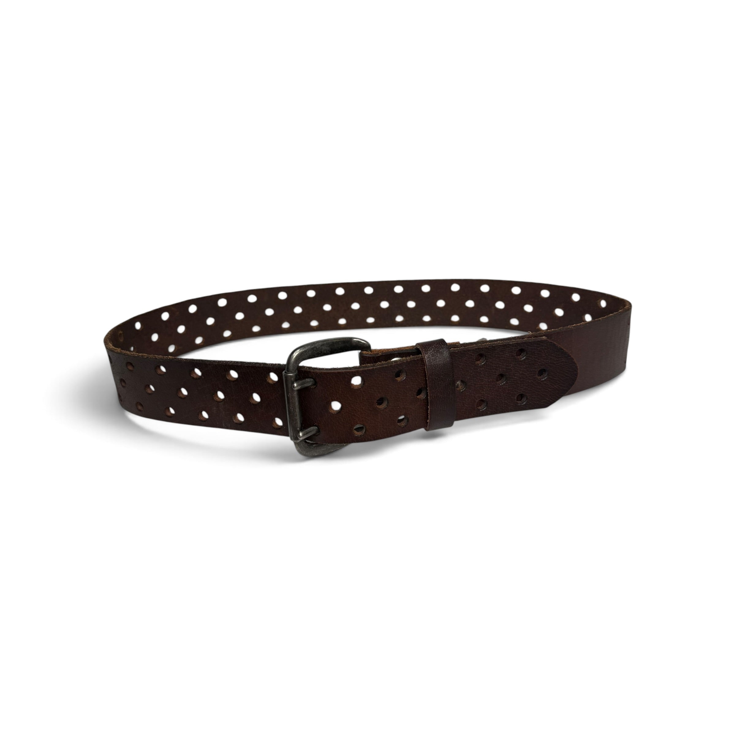 bed stu mccoy dark brown distressed leather perforated double prong belt