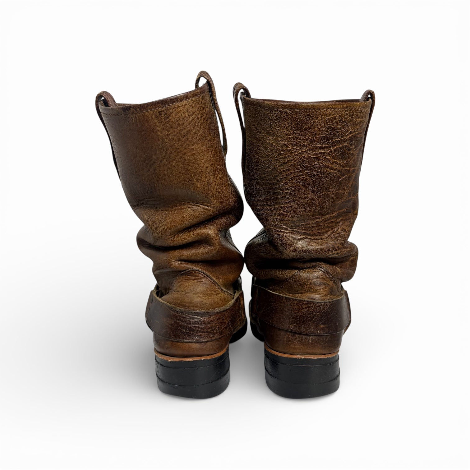 vintage 80s frye distressed leather mid calf harness boots