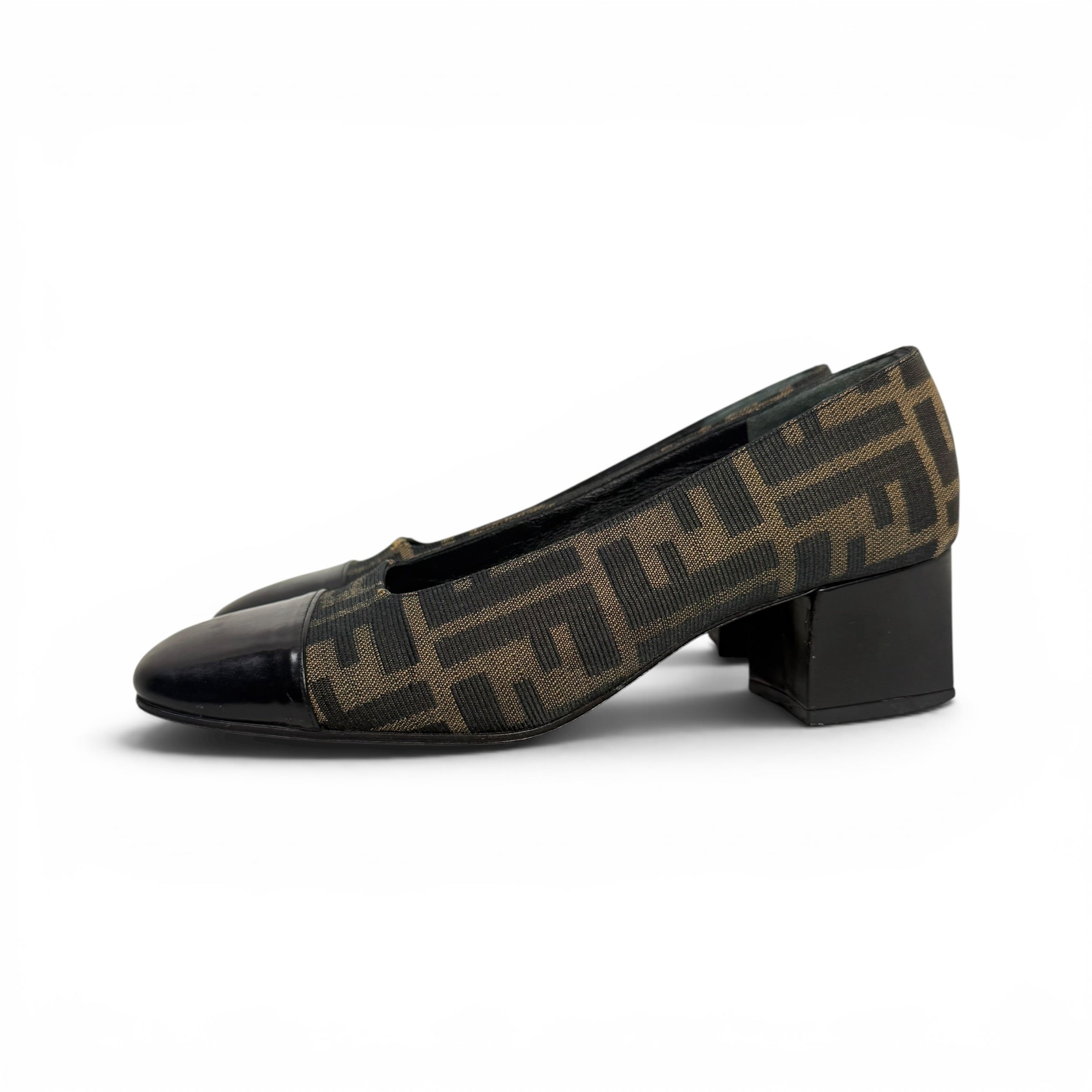 vintage fendi zucca monogram canvas + black leather cap toe block heel pumps