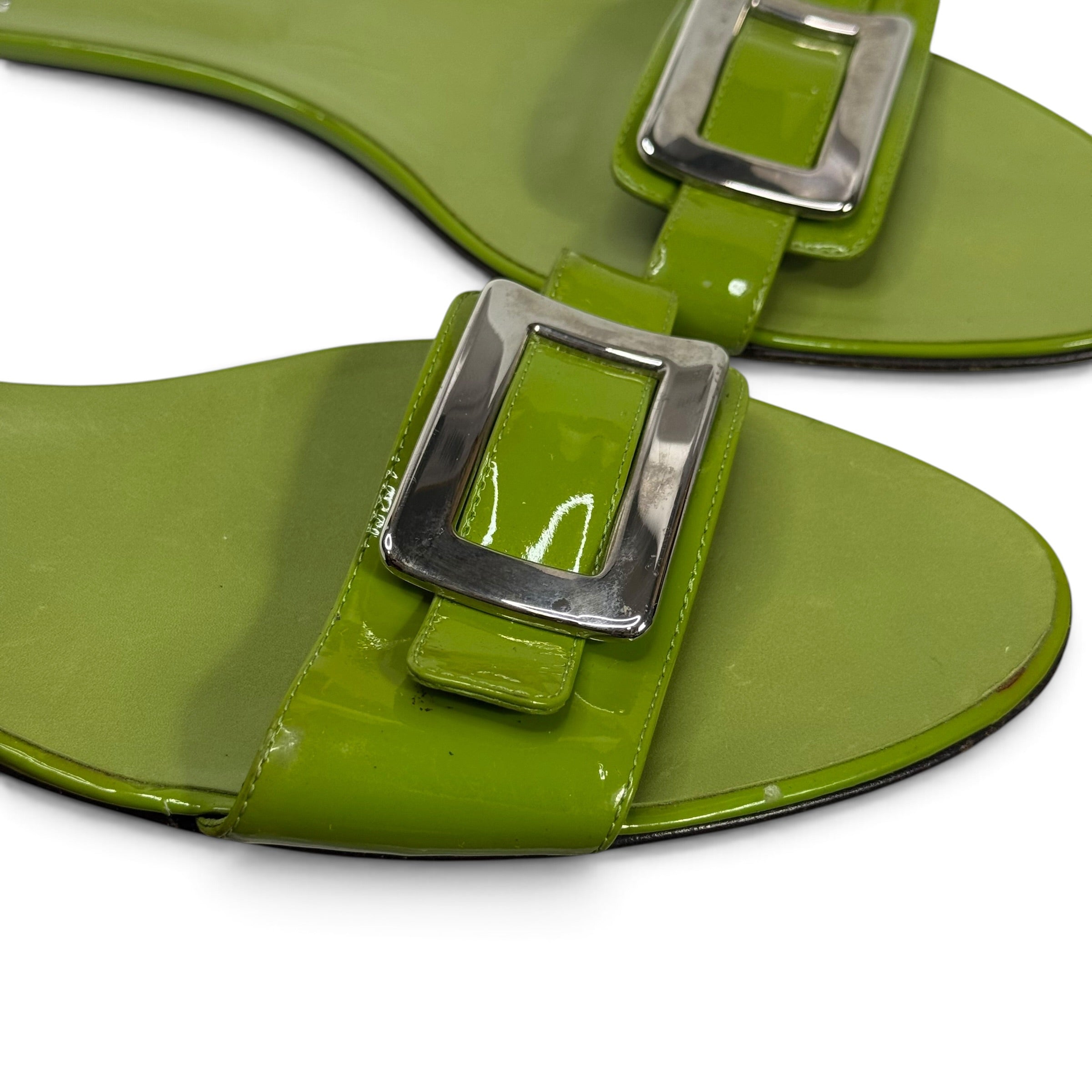 roger vivier green patent leather silver buckle slide sandals