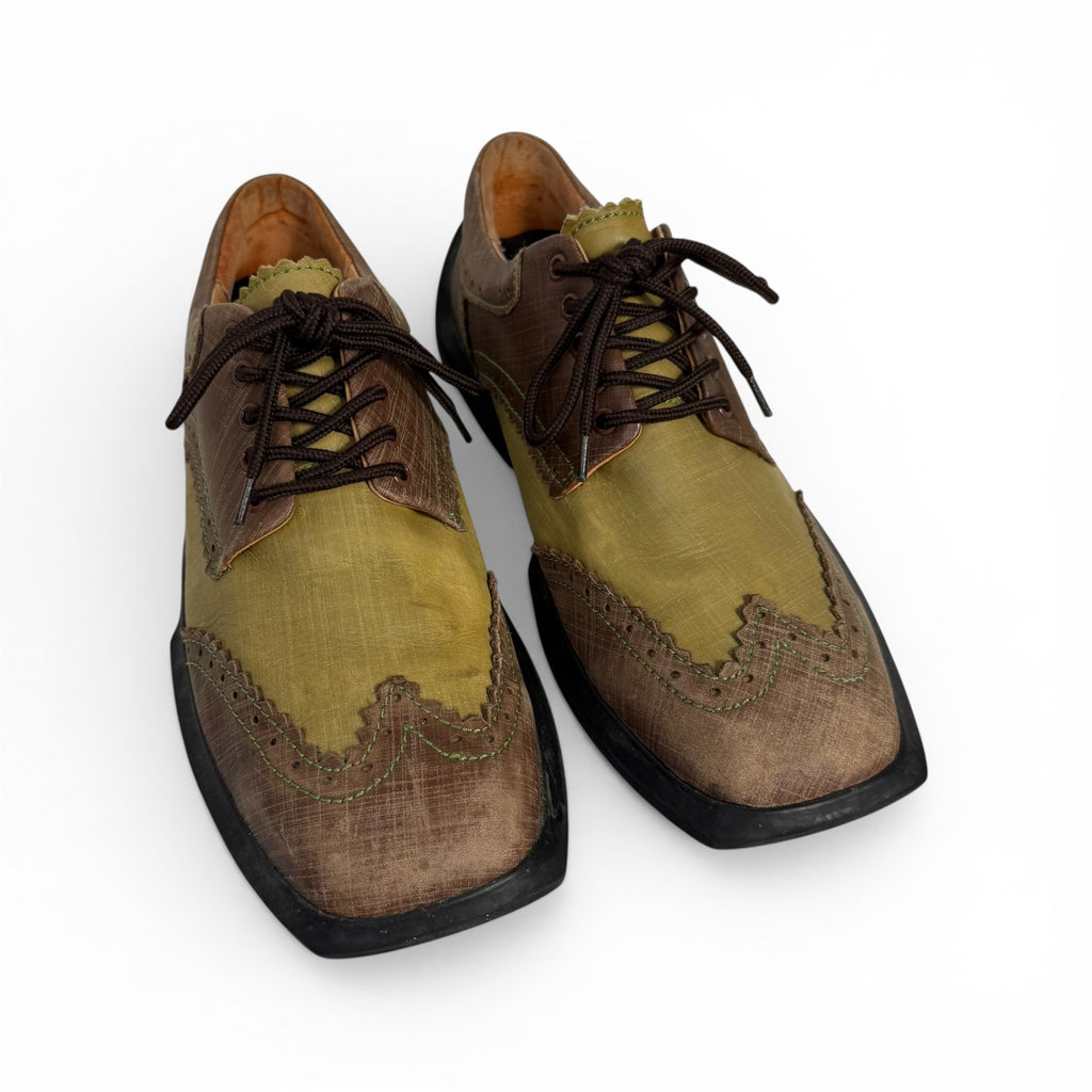 john fluevog charles future angel green + brown wingtip brogues