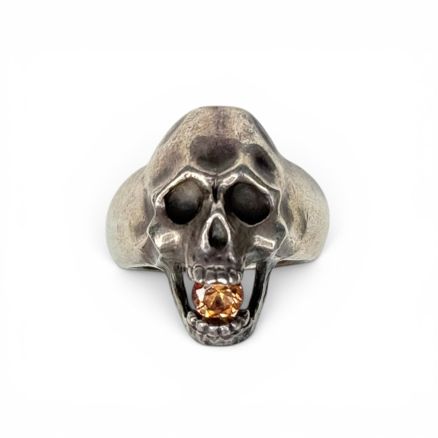 japanese heavy silver skull ring with citrine set stone