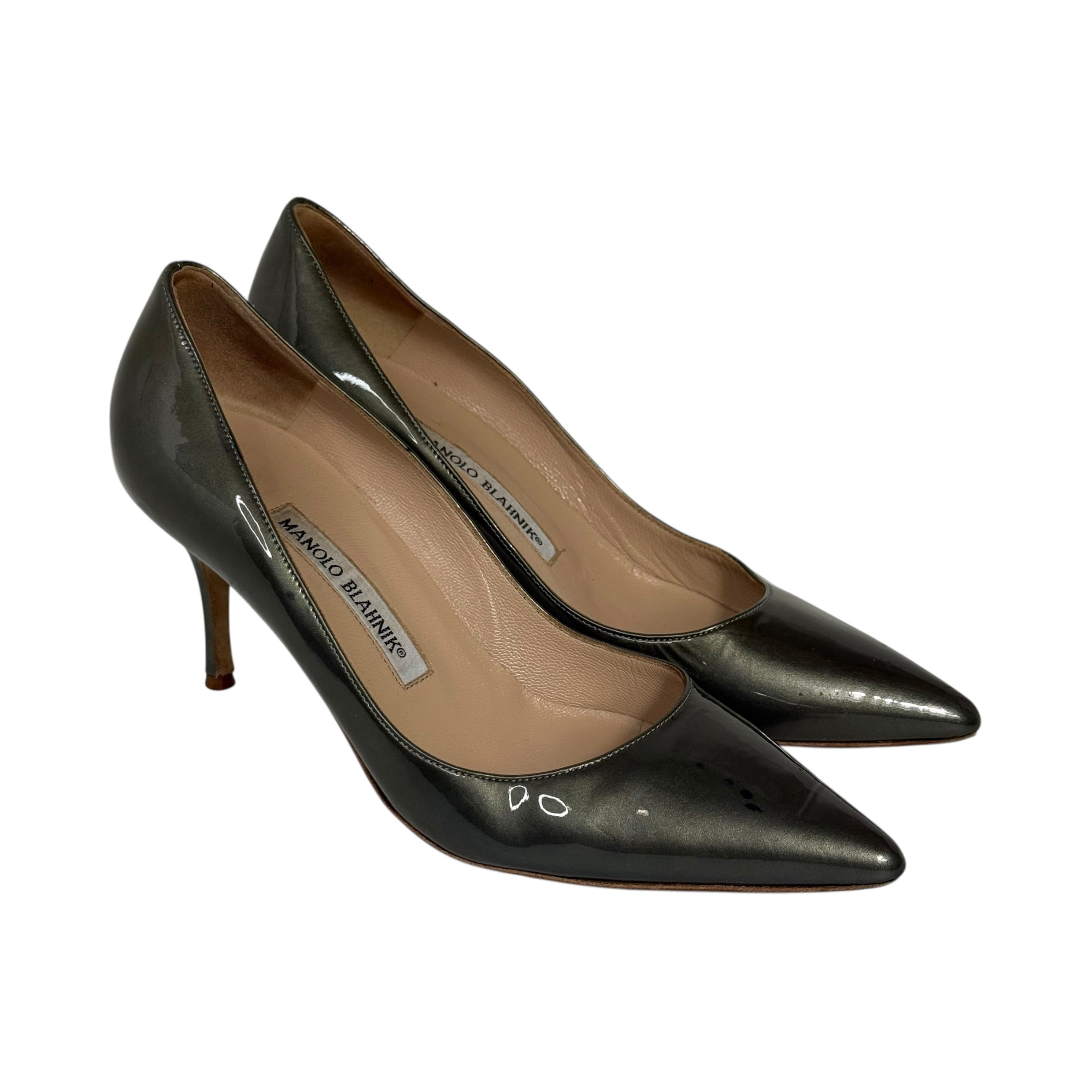 manolo blahnik metallic green patent leather pointed toe bb pumps