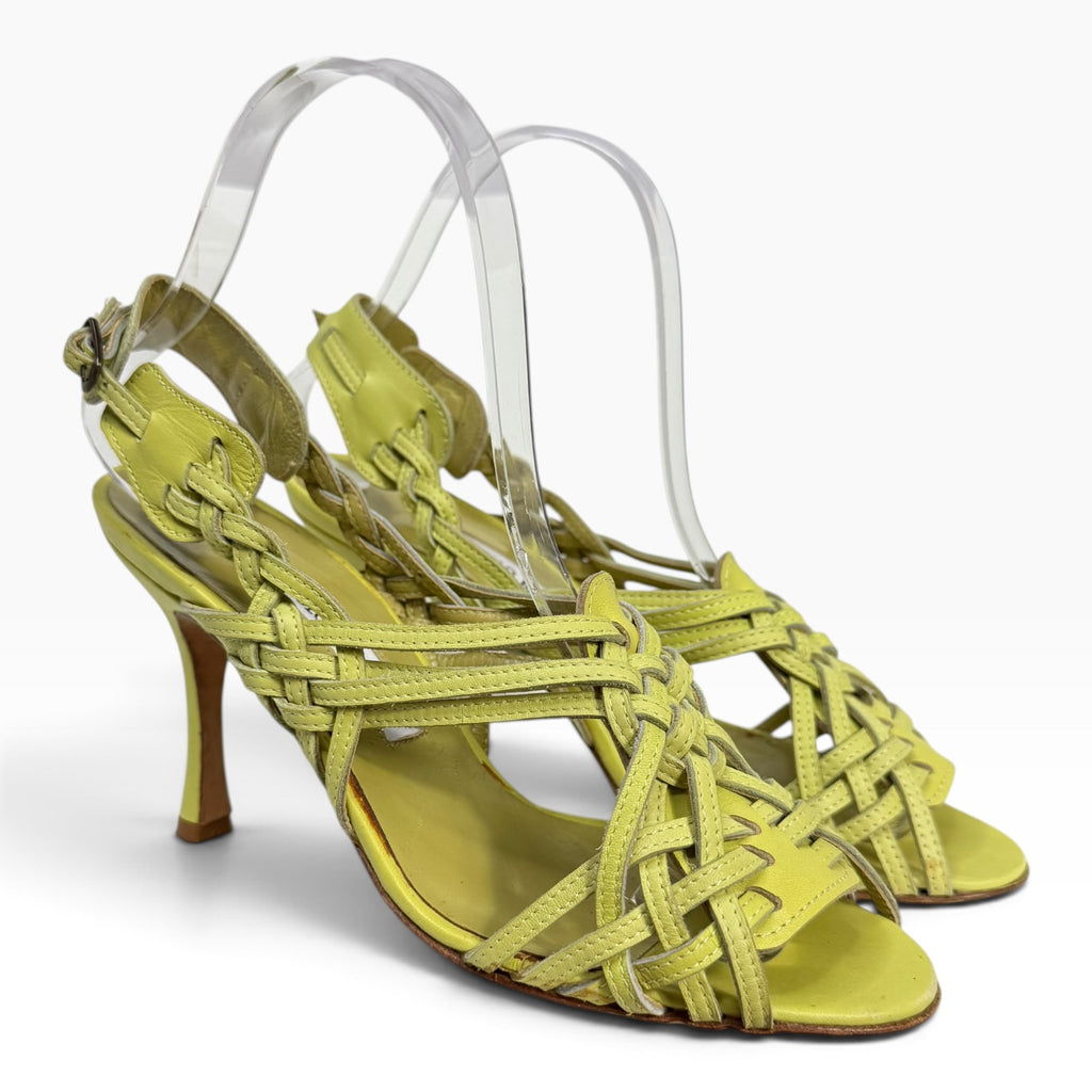vintage manolo blahnik lime green woven leather strappy heels