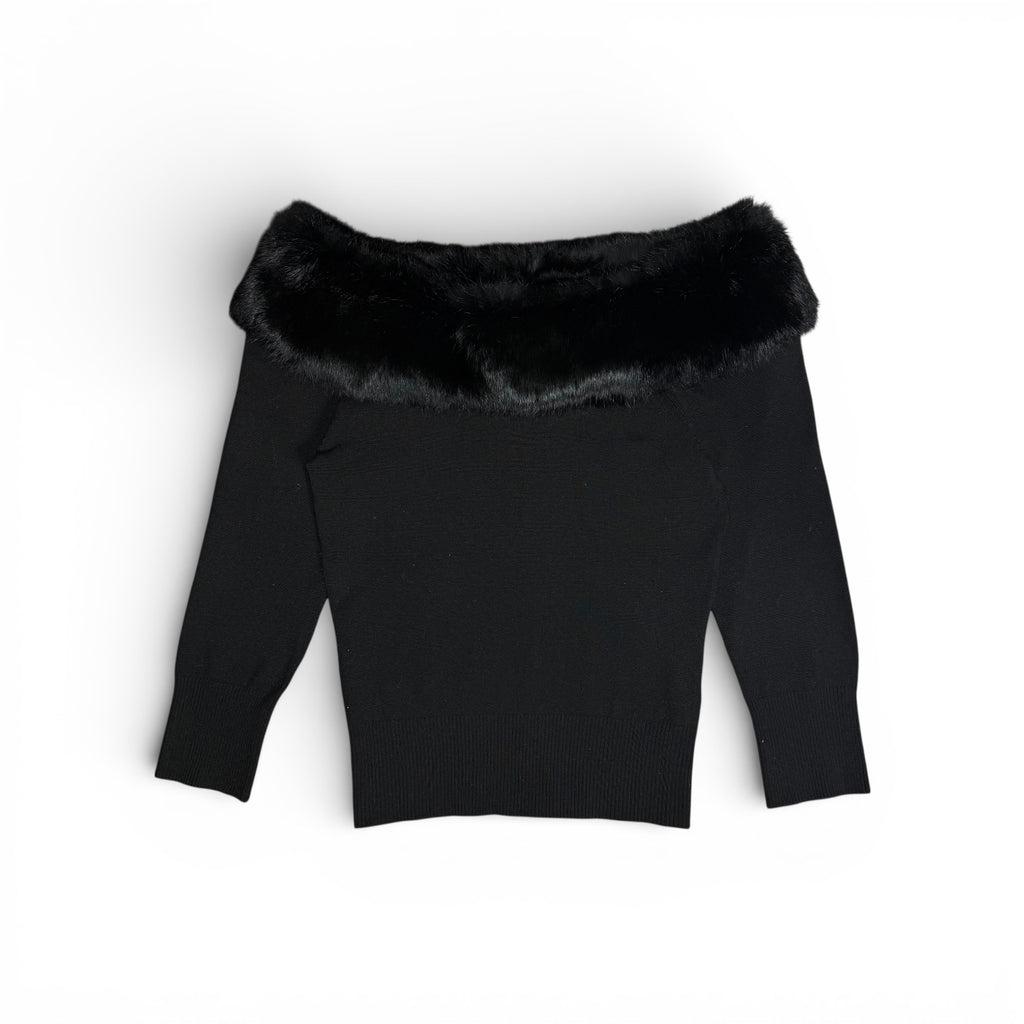 vintage mid 2000s bebe silk blend & rabbit fur trim off the shoulder top