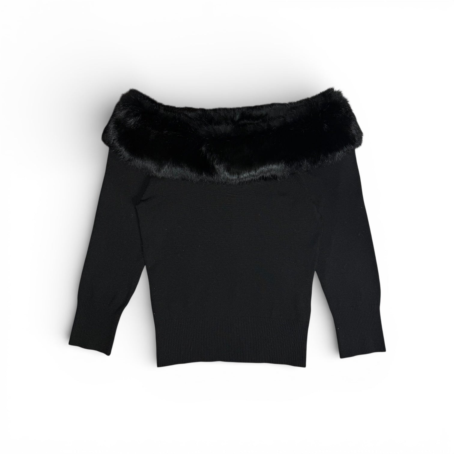 vintage mid 2000s bebe silk blend & rabbit fur trim off the shoulder top