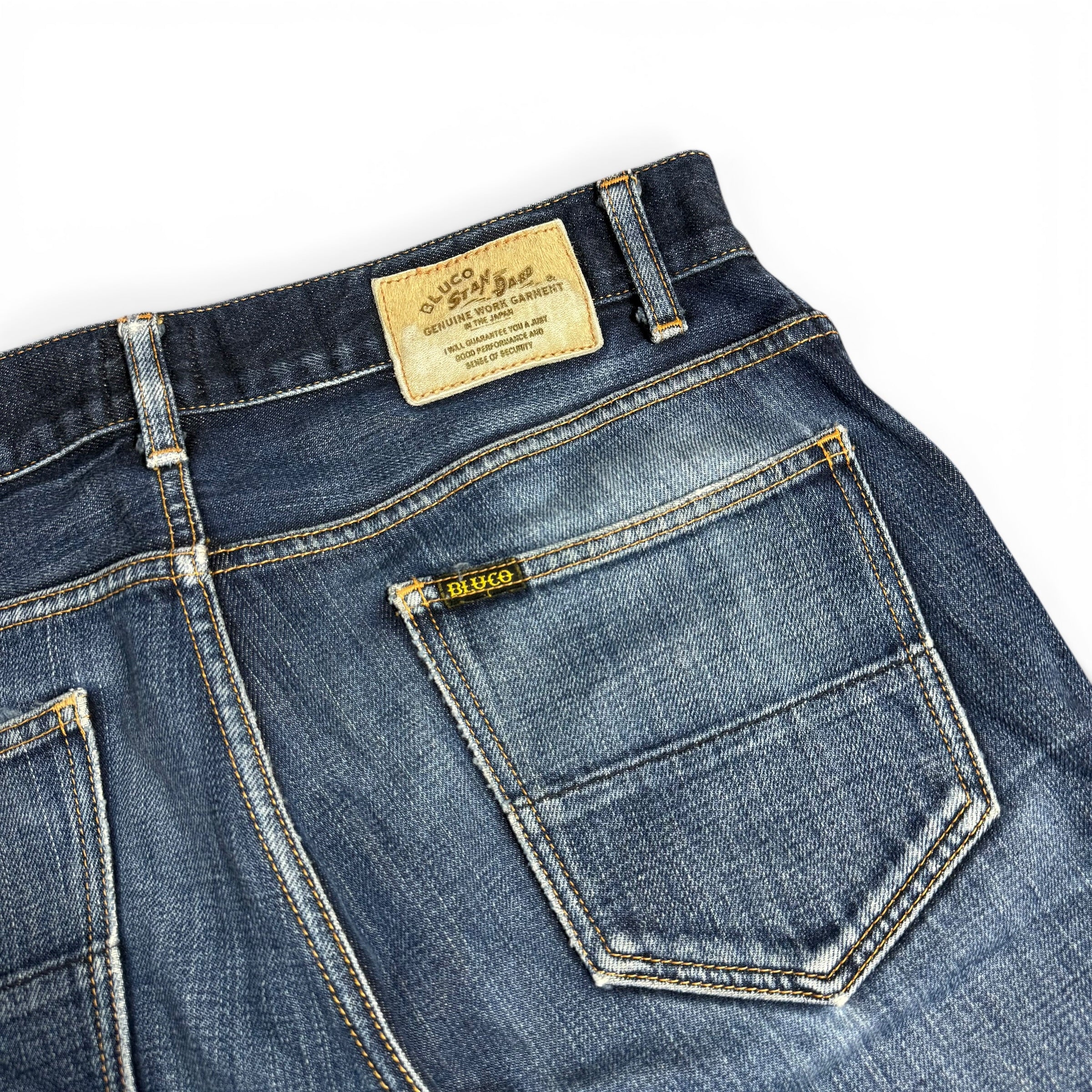 bluco work garment standard distressed indigo japanese denim button fly jeans