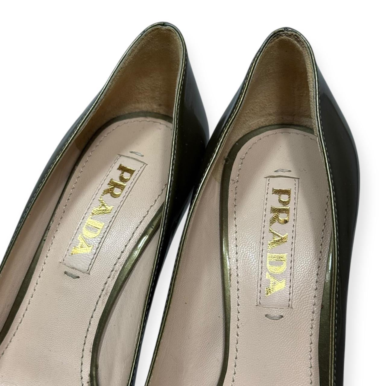 prada metallic green patent leather button heels