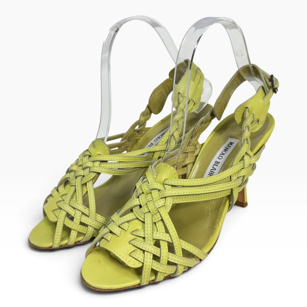vintage manolo blahnik lime green woven leather strappy heels