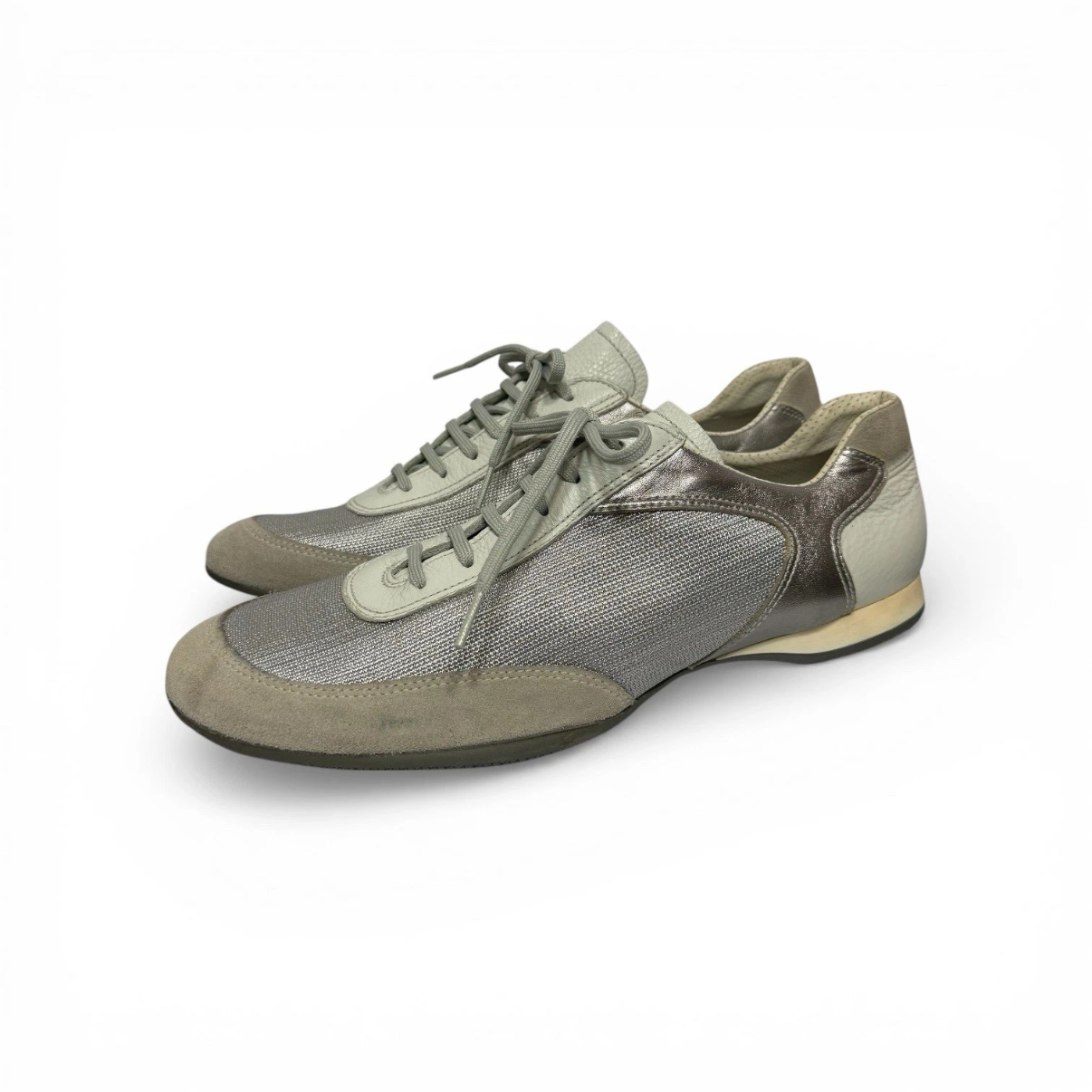 vintage prada leather & textile silver sneakers