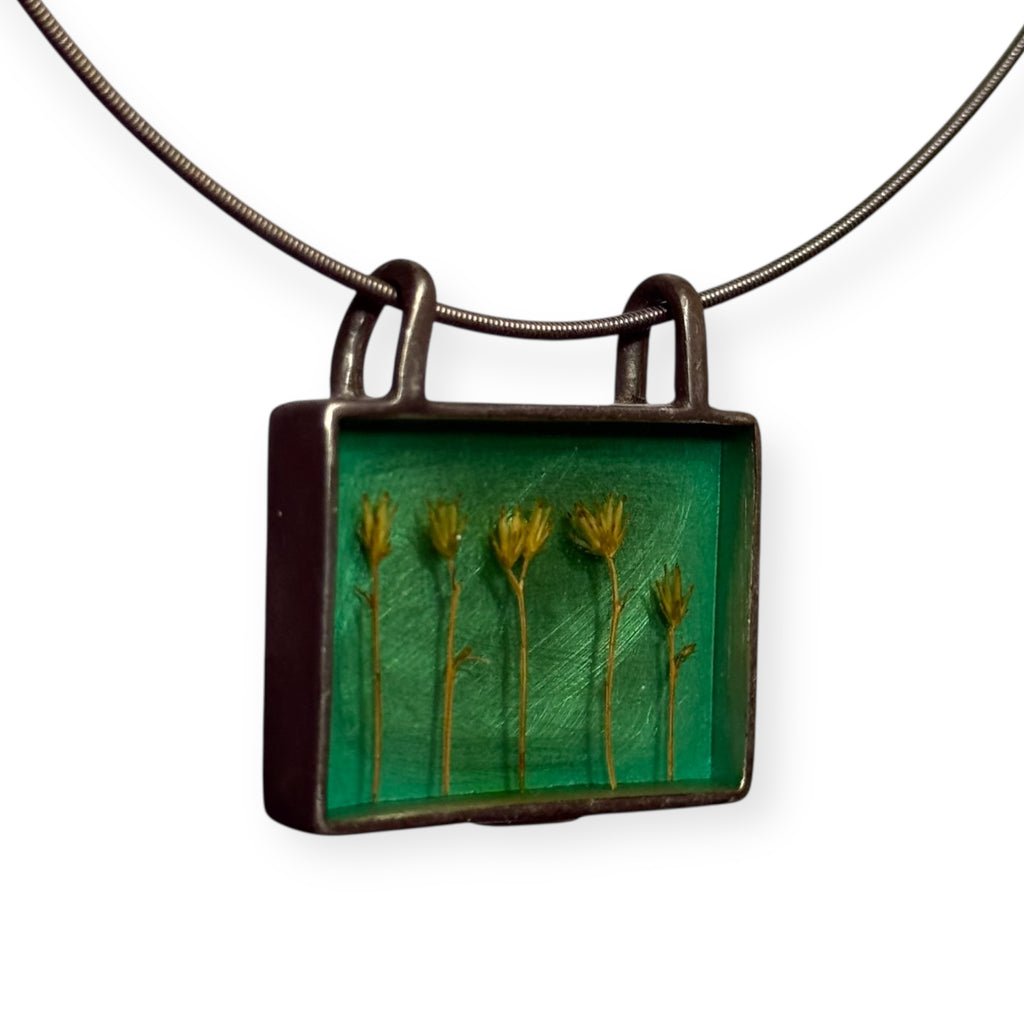artisan made sterling silver pressed botanical “shadowbox” necklace