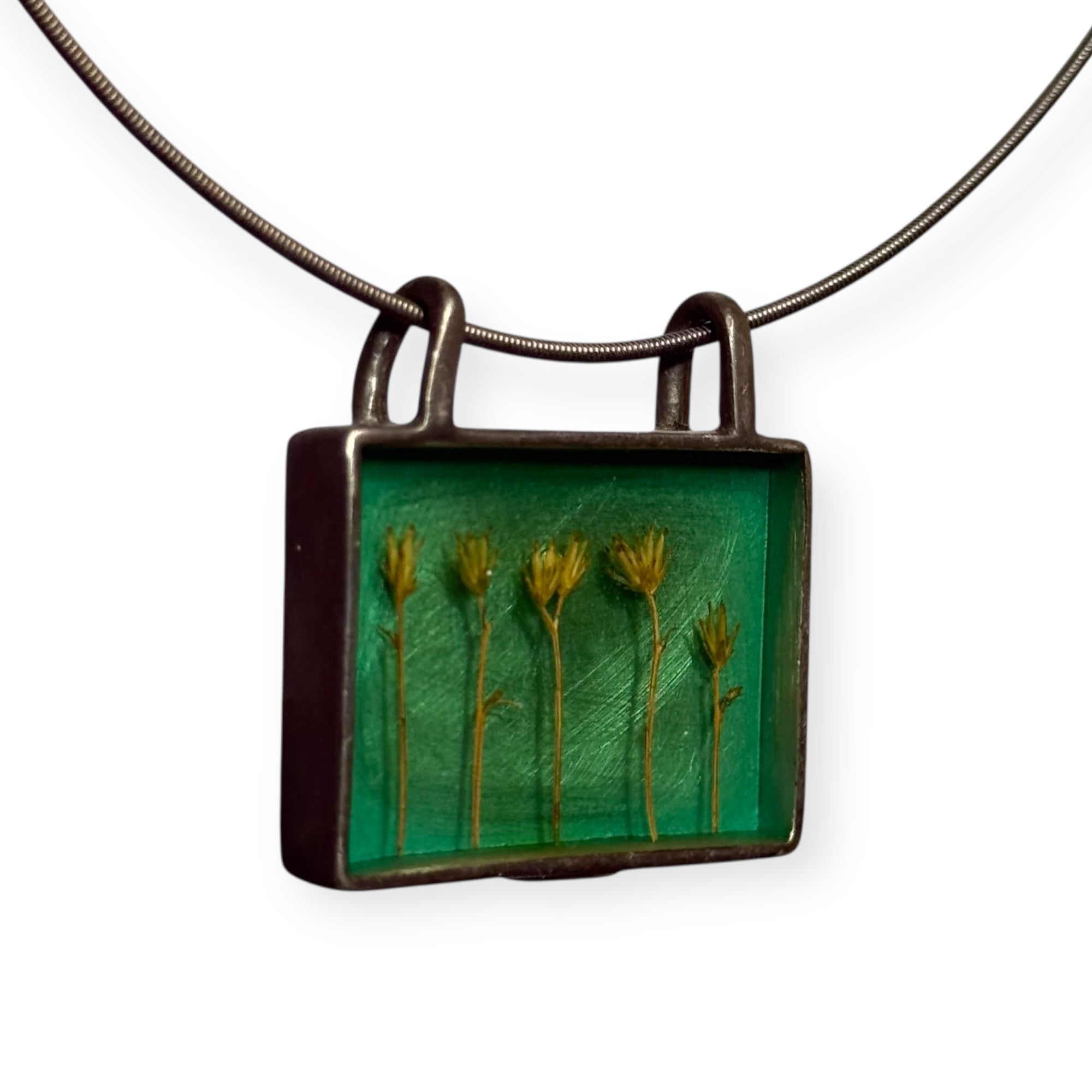 artisan made sterling silver pressed botanical “shadowbox” necklace