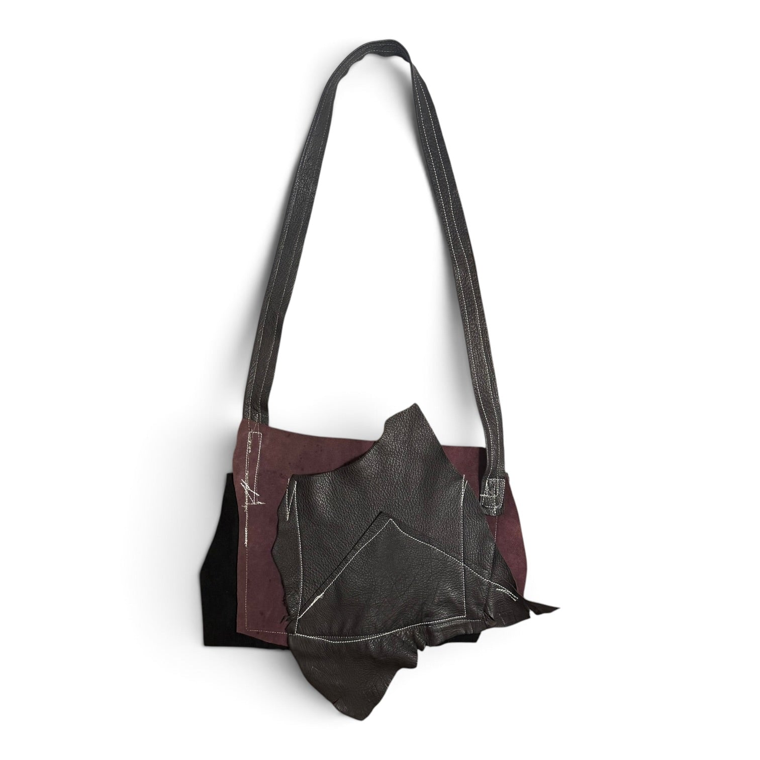 custom avant garde raw edge leather distressed patchwork crossbody bag