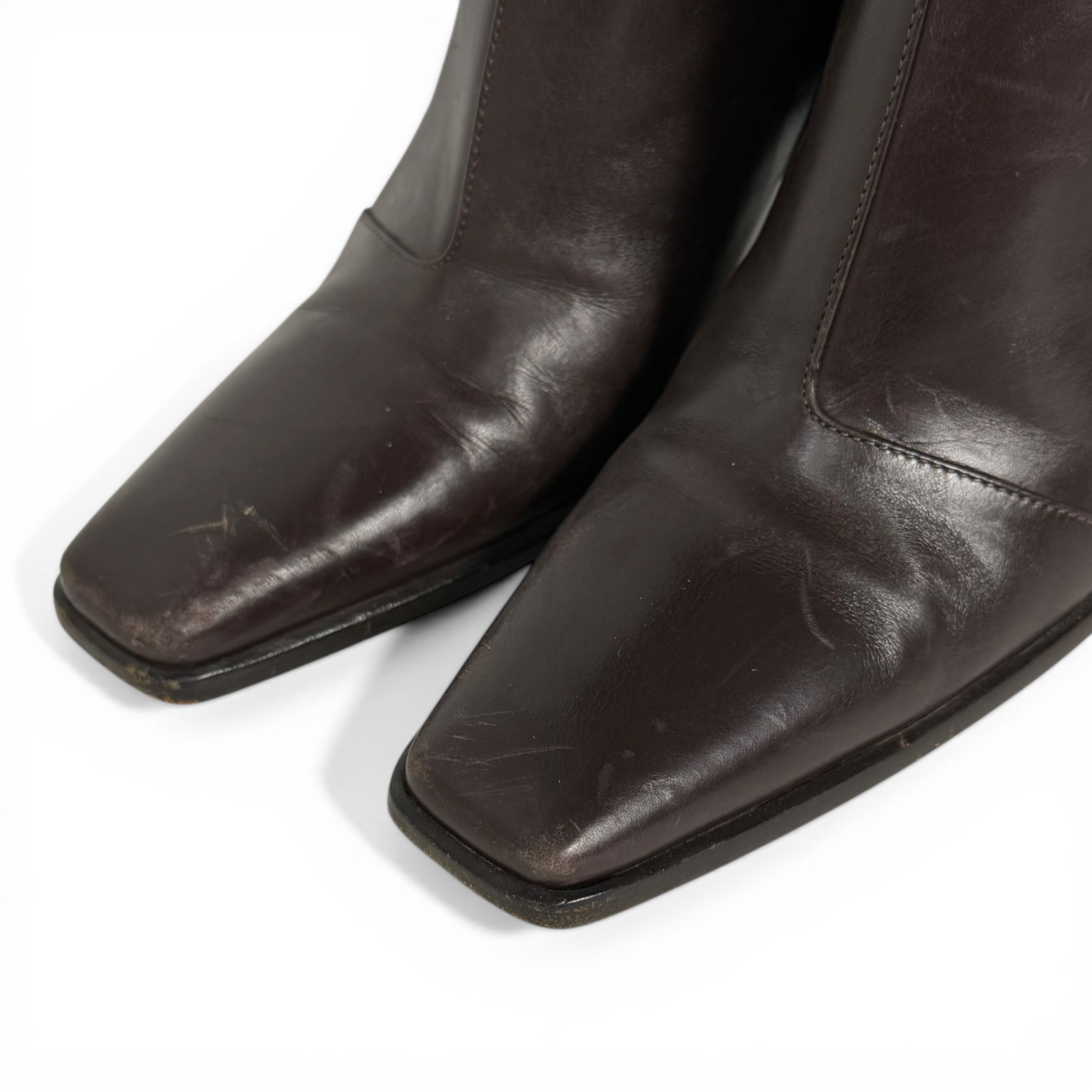 vintage gucci tom ford era distressed dark brown leather square toe boots