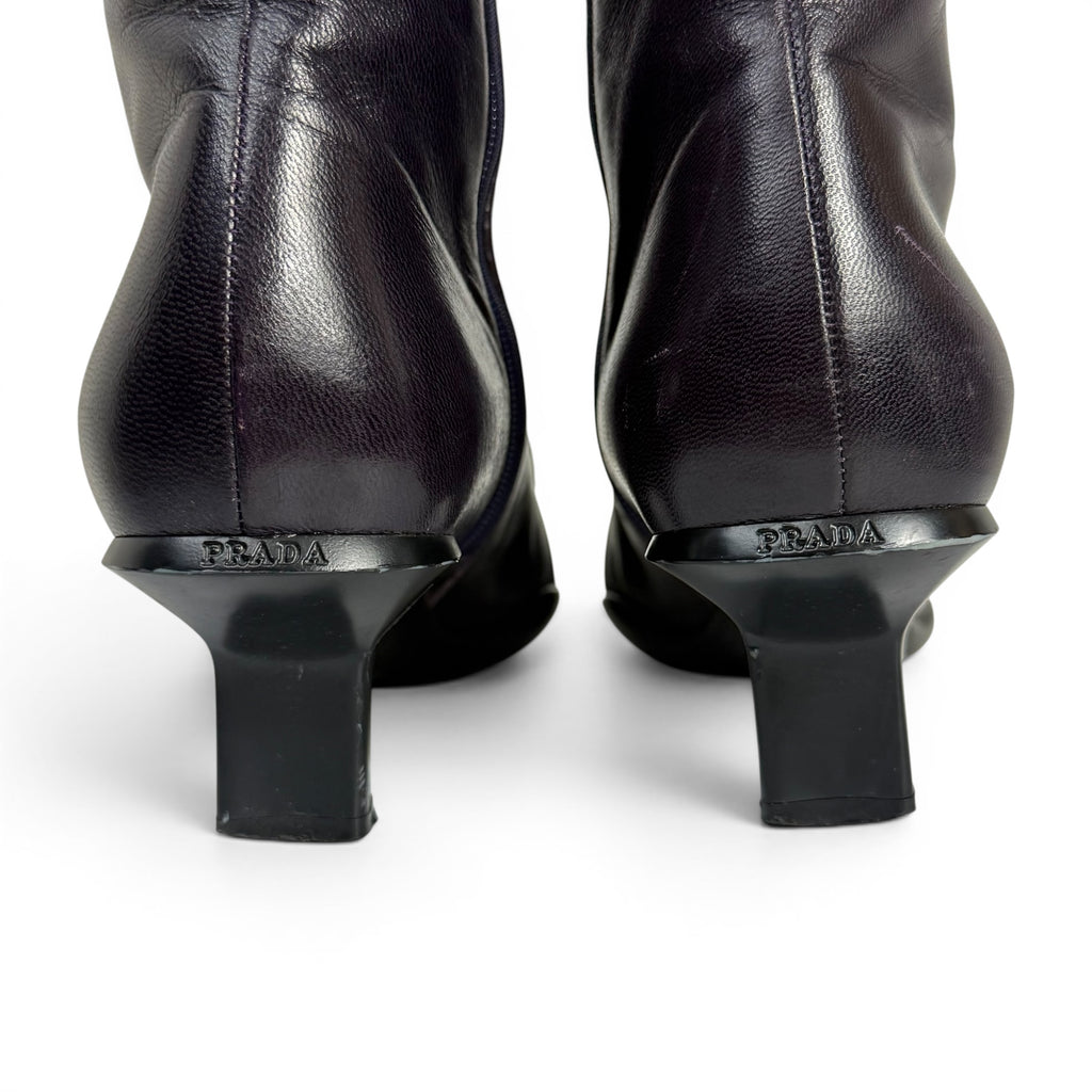 vintage prada square toe dark purple leather mid calf boots