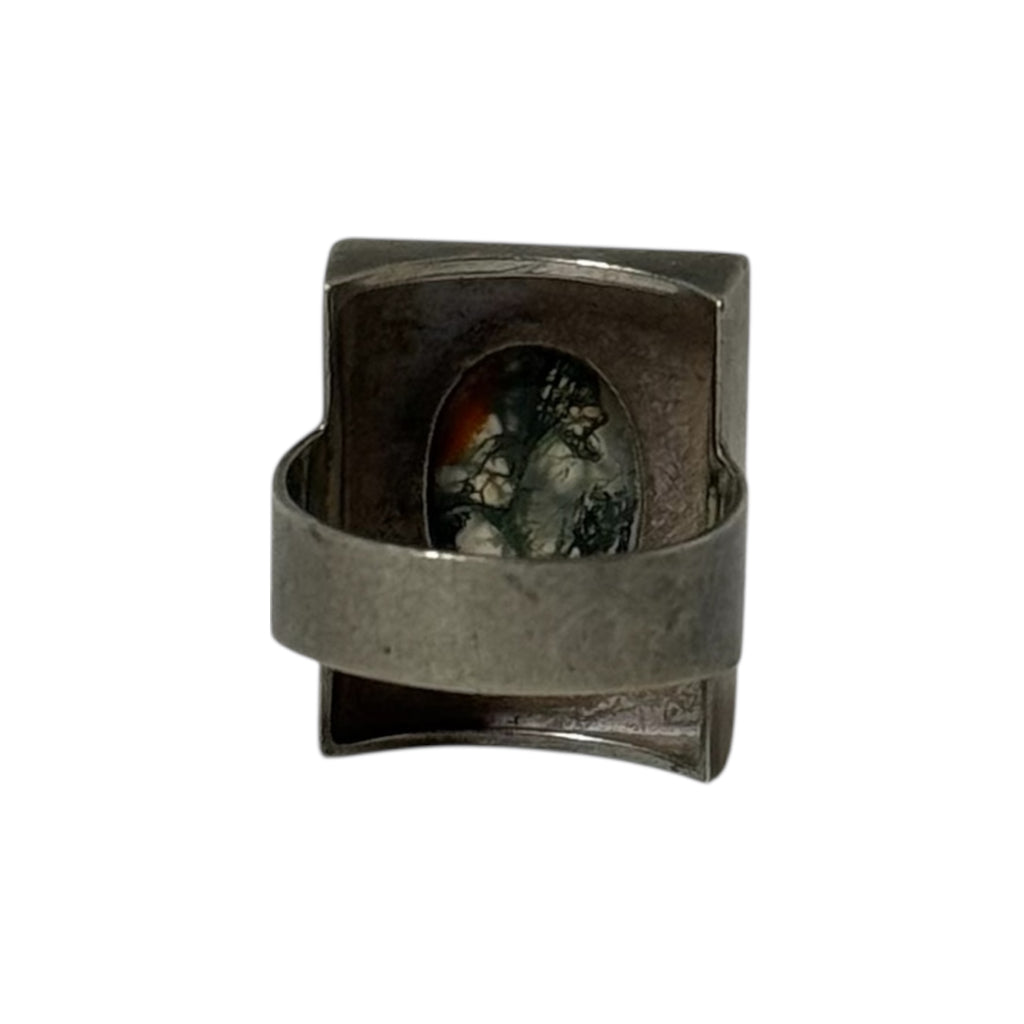 vintage artisanal silver & moss agate modernist architectural ring