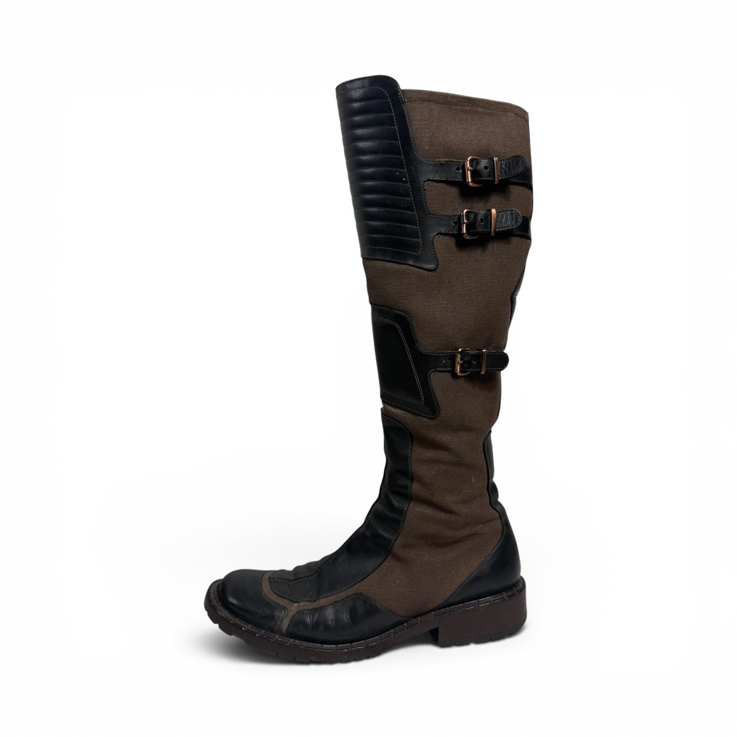 vintage goffredo fantini brown canvas + black leather multi buckle knee high moto boots