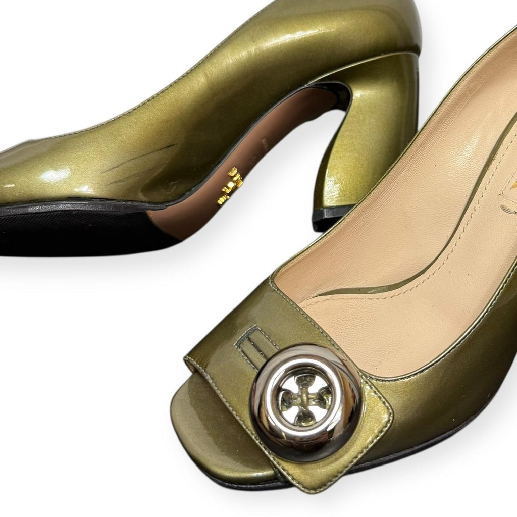 prada metallic green patent leather button heels