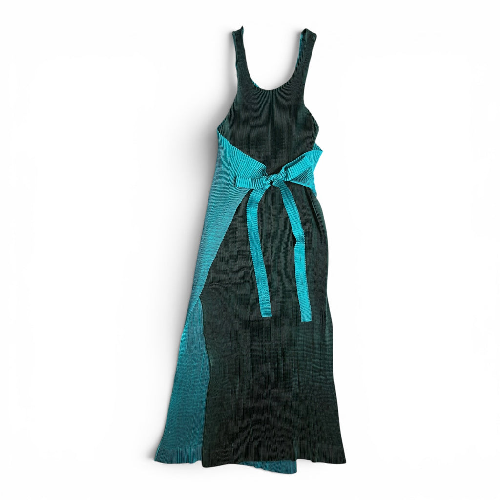 vintage 90s issey miyake im product two tone teal + dark green pleated apron dress