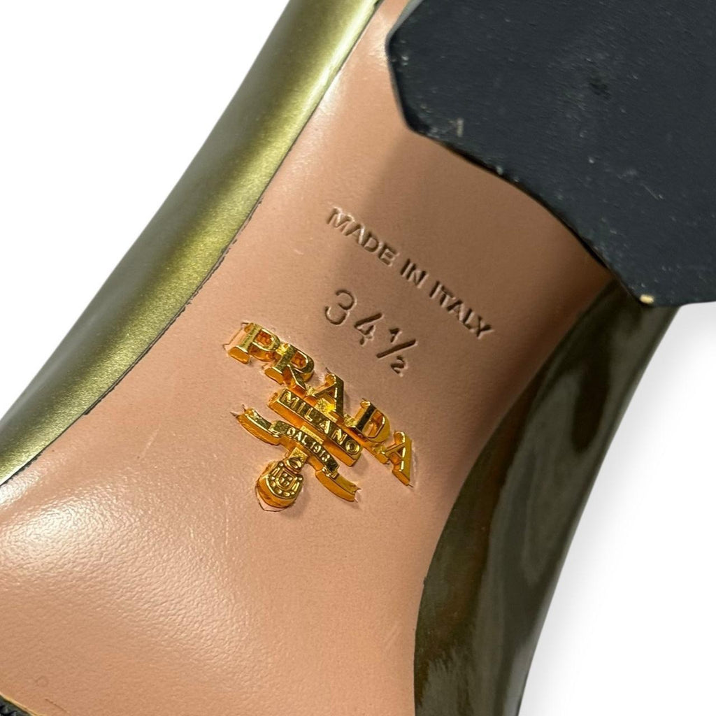 prada metallic green patent leather button heels