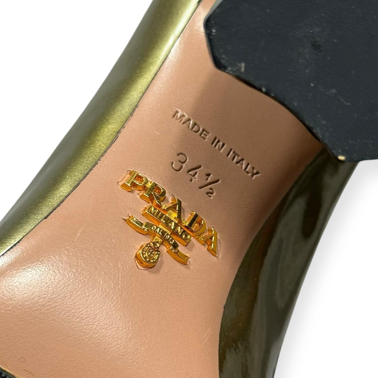 prada metallic green patent leather button heels