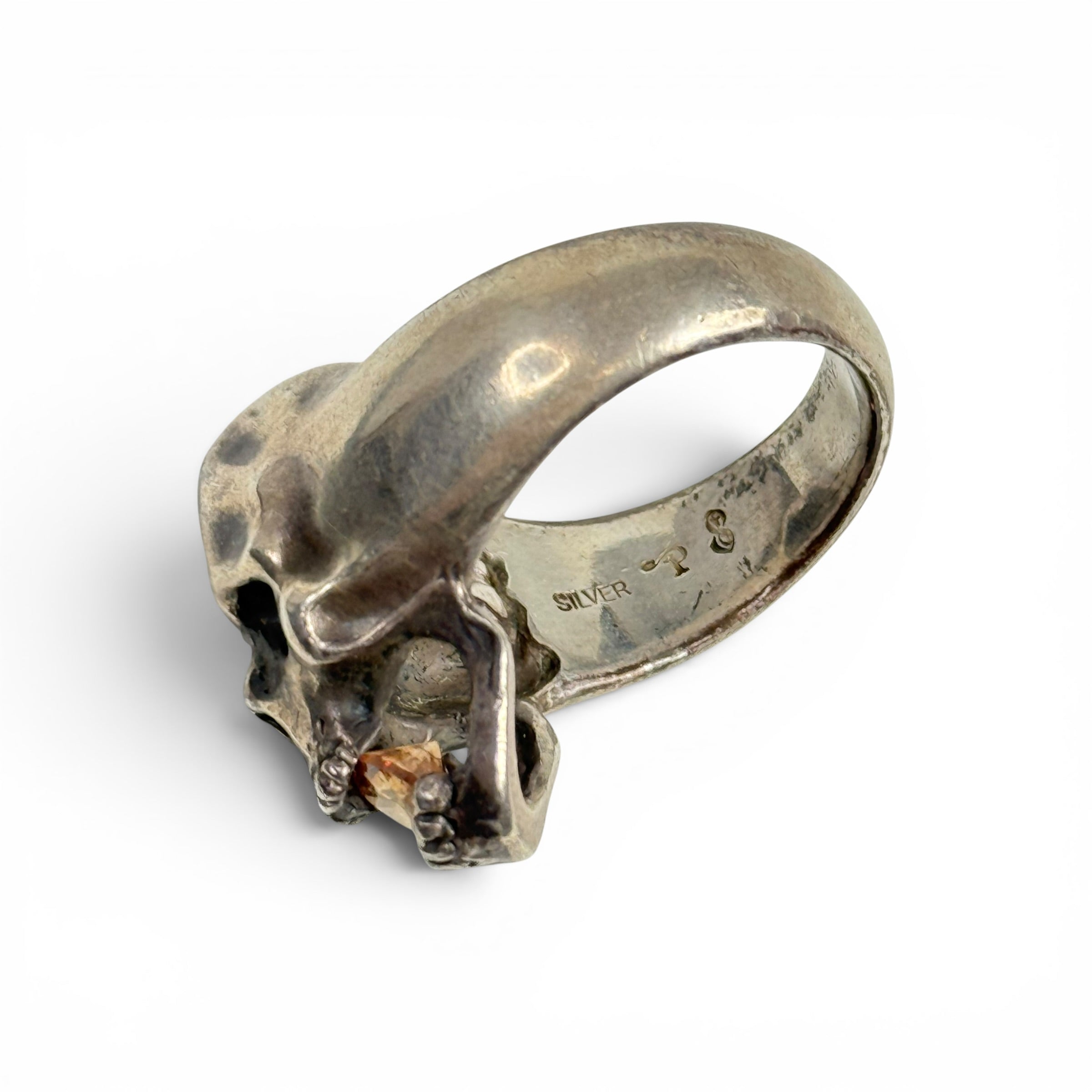 japanese heavy silver skull ring with citrine set stone