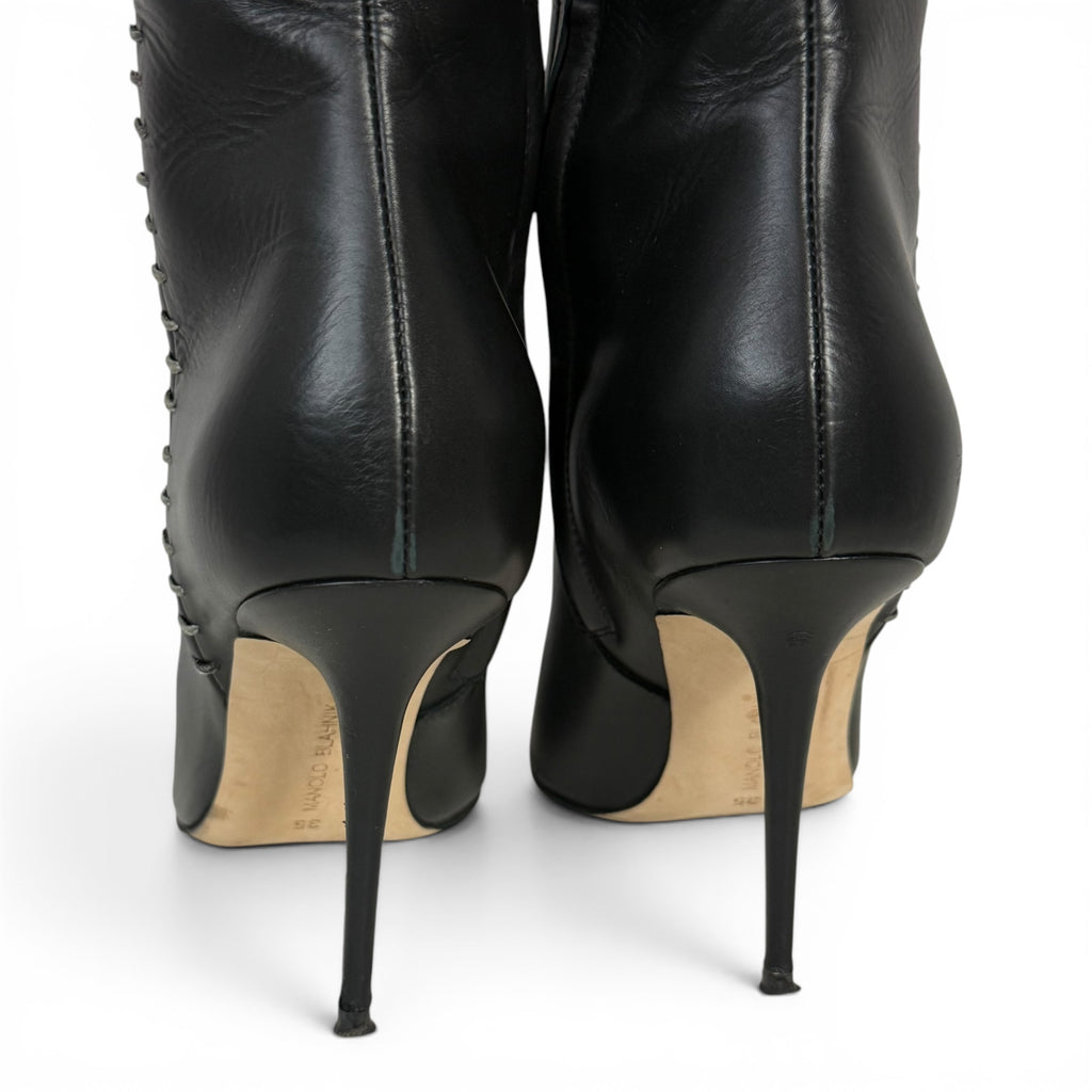 manolo blahnik takala black leather knee high boots with stitch detailing