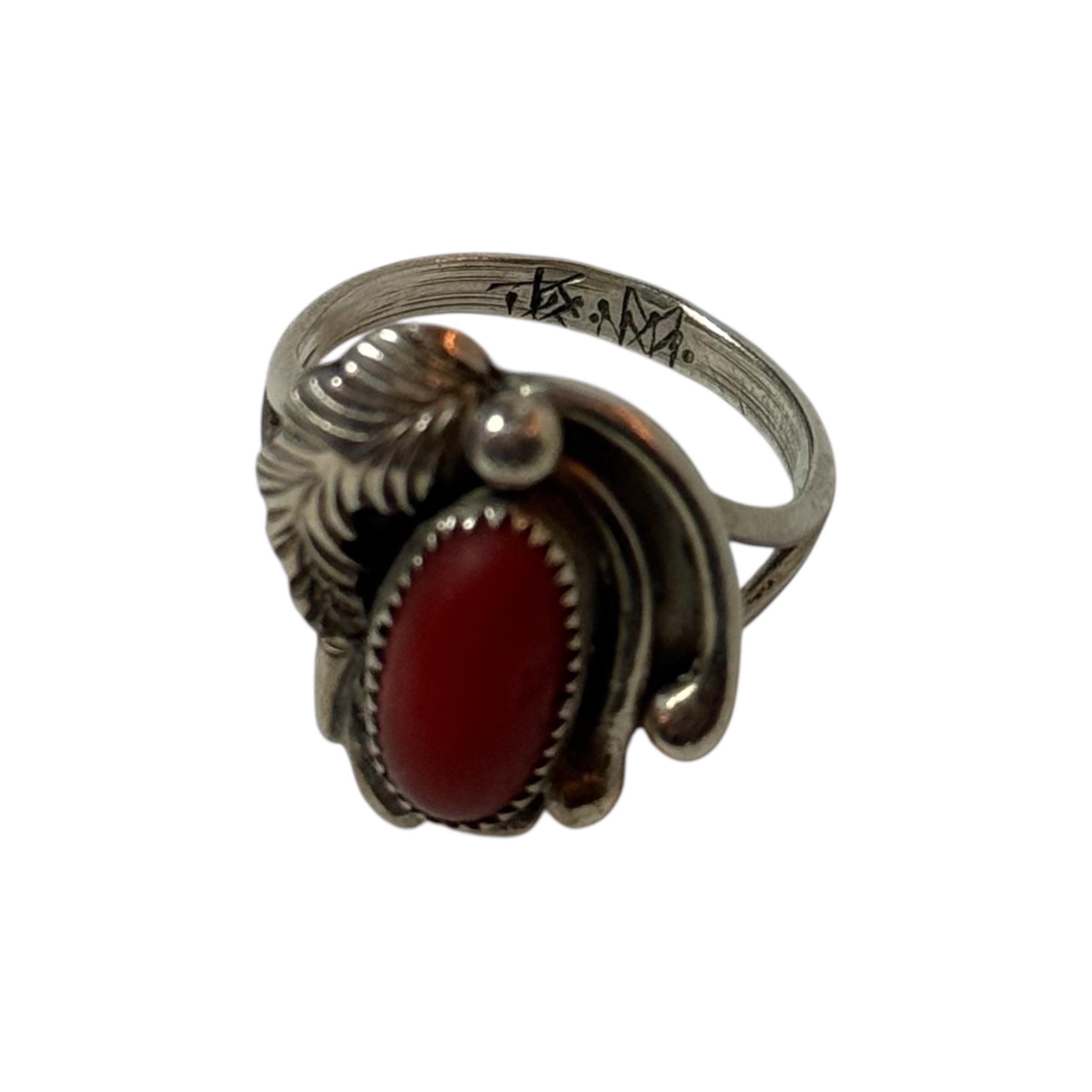 vintage navajo sterling silver coral feather ring