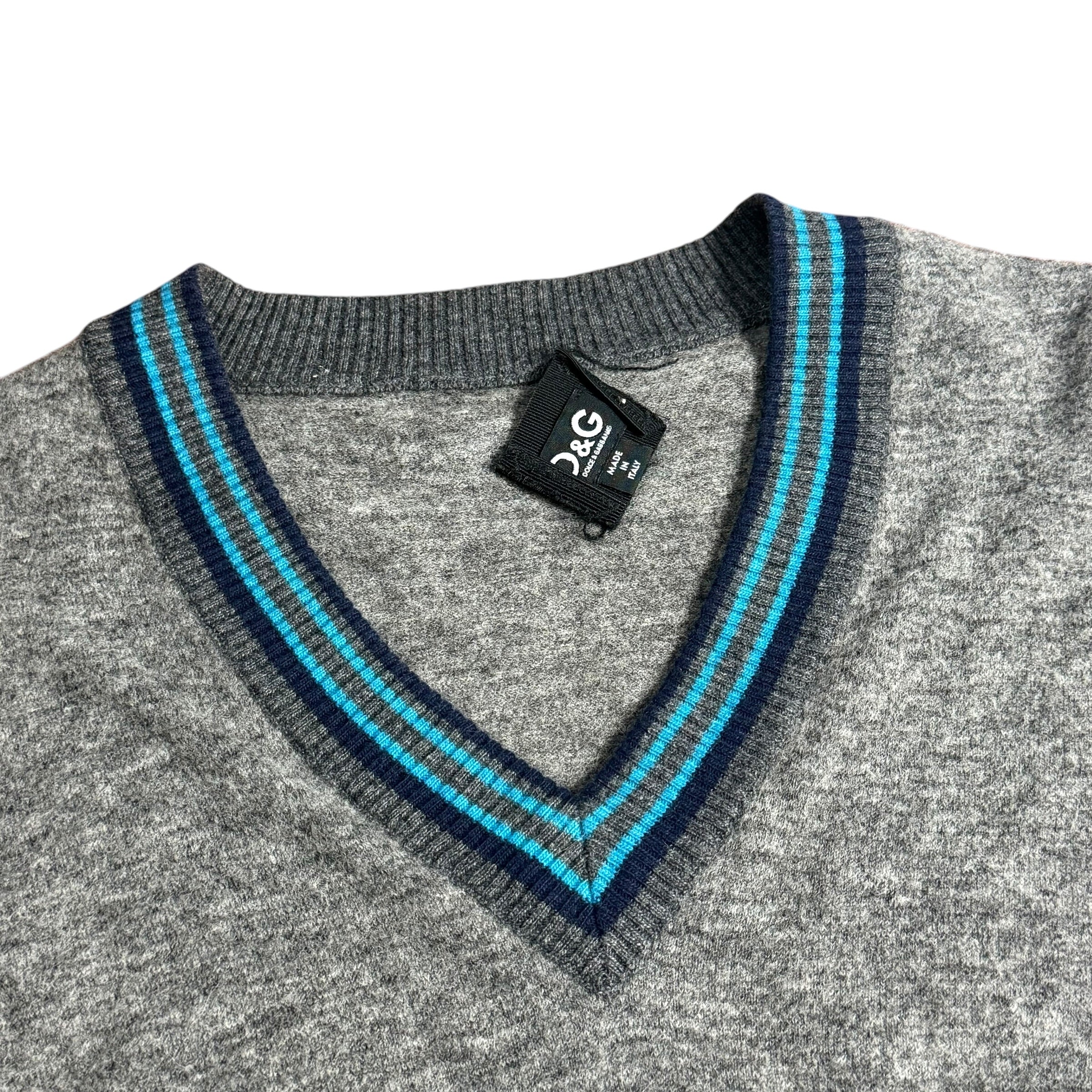 vintage 2000s dolce & gabbana grey v-neck sweater with blue striped trim