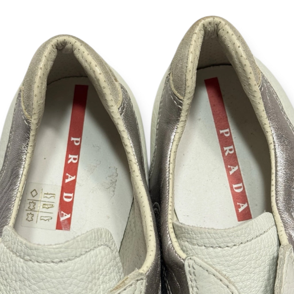 vintage prada leather & textile silver sneakers