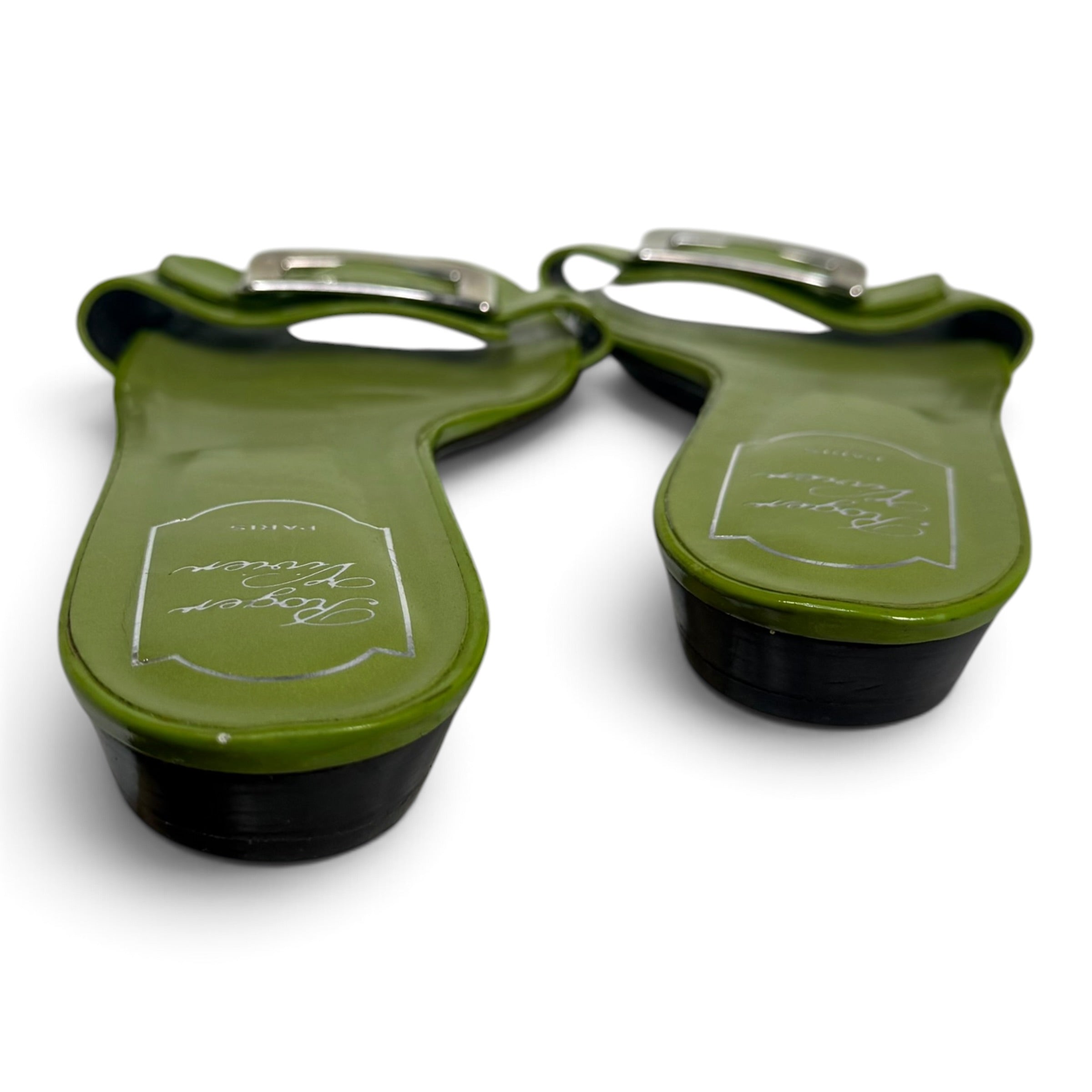 roger vivier green patent leather silver buckle slide sandals