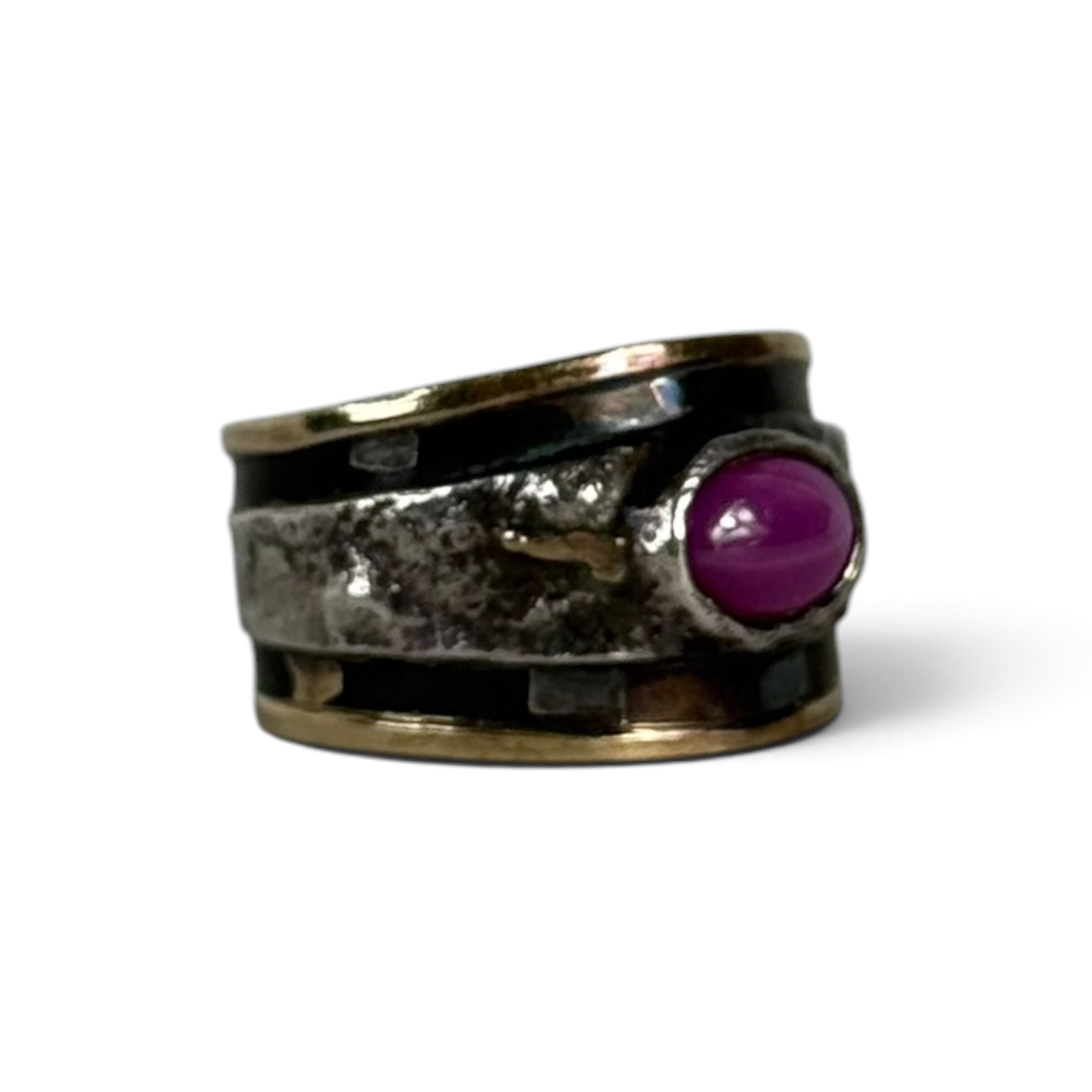 vintage shins japanese artisan K18 gold + silver synthetic star ruby textured band ring