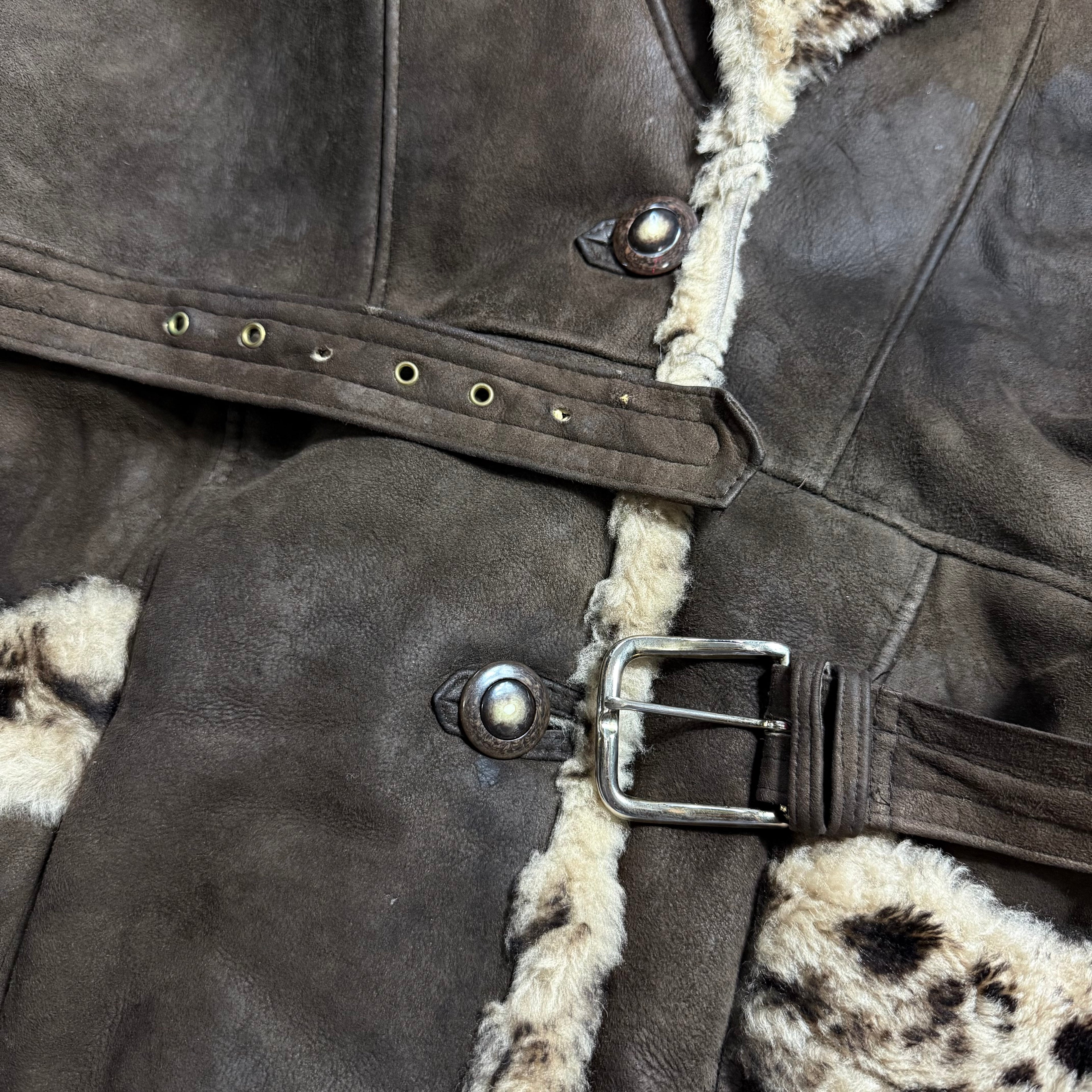vintage delino sheepskin shearling hooded brown suede leopard fur lined coat