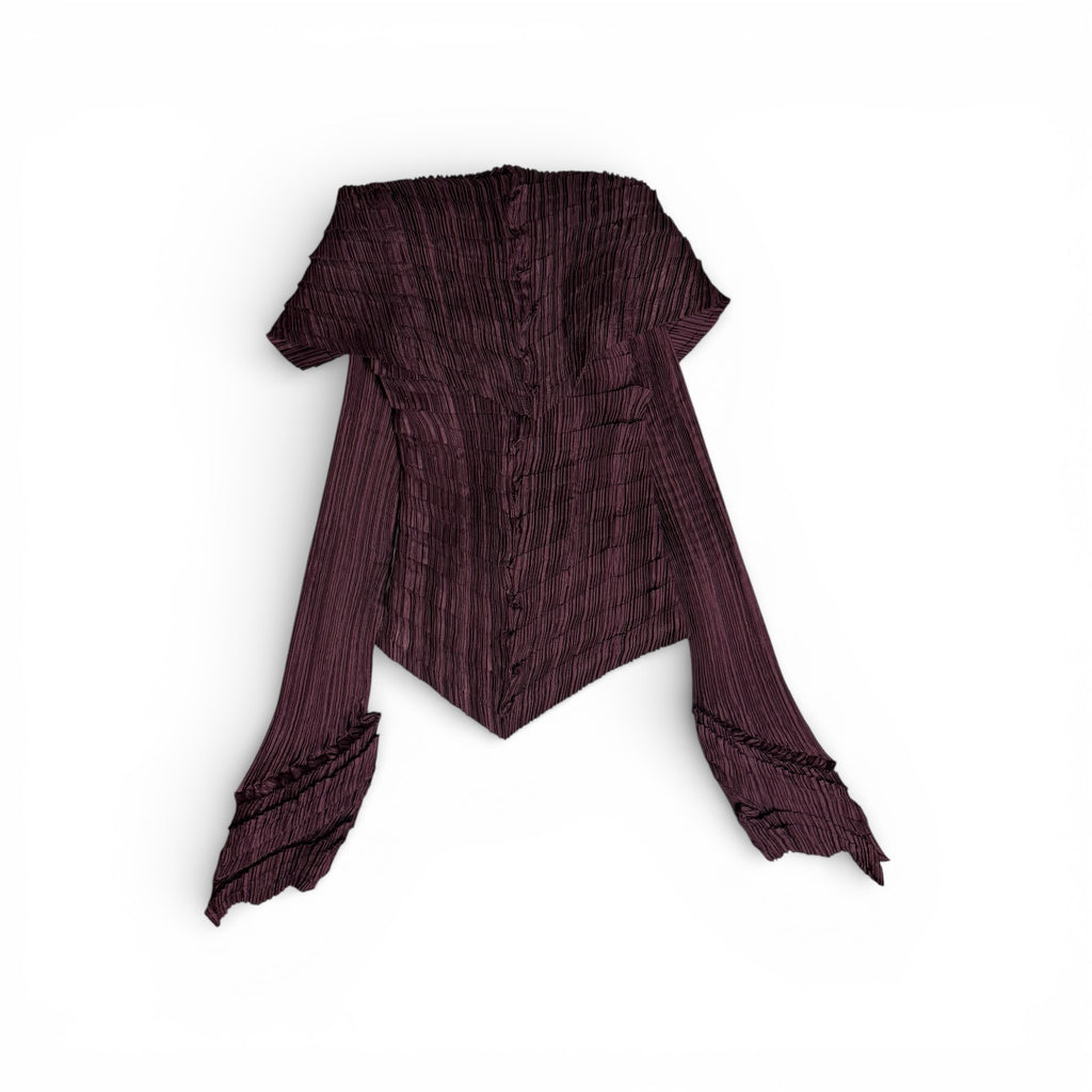 vintage issey miyake mainline sculptural accordion pleated top & skirt set in wine