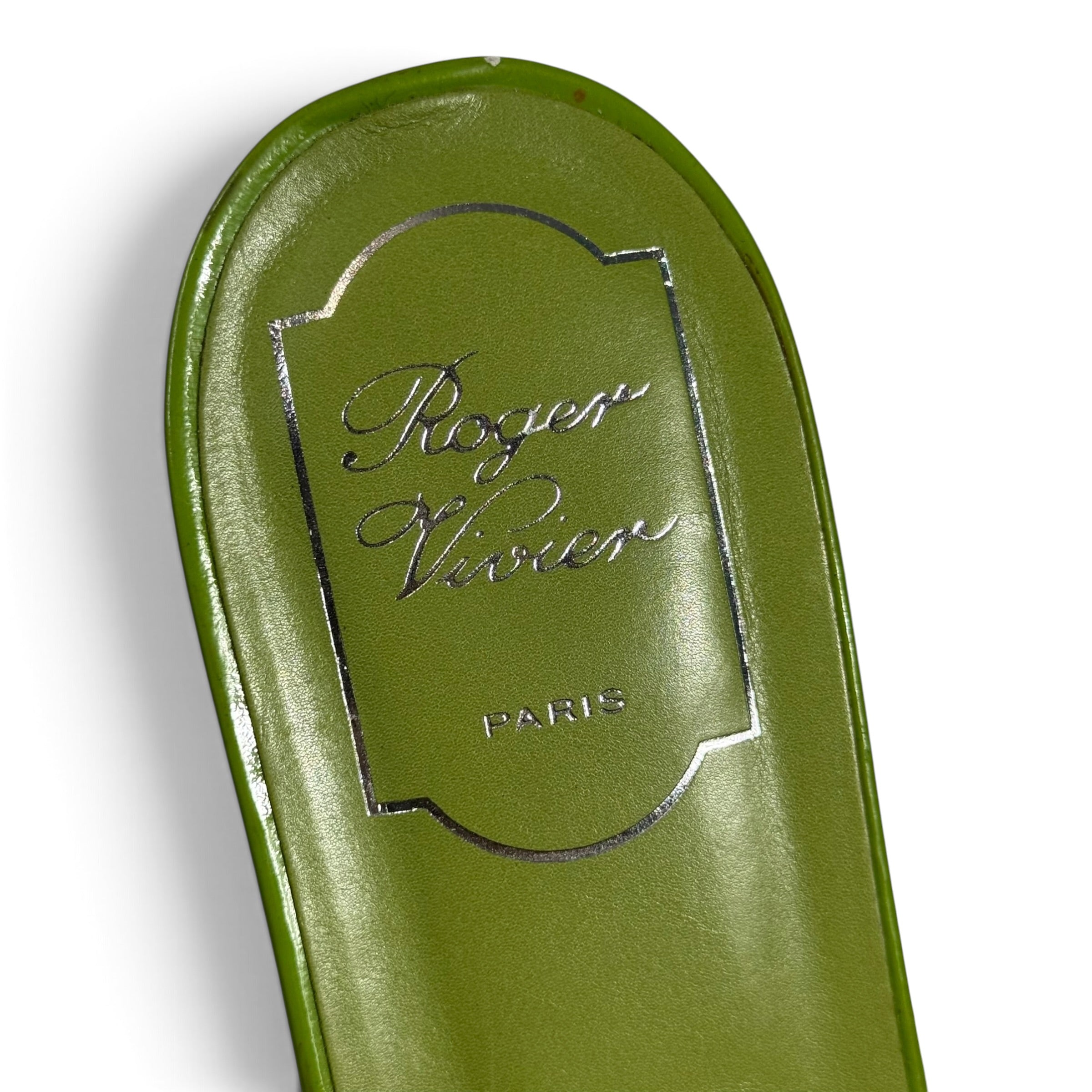 roger vivier green patent leather silver buckle slide sandals
