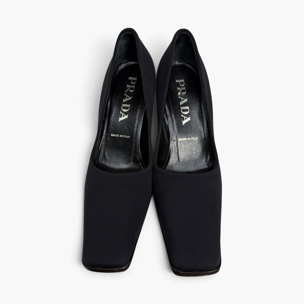 vintage 1990s prada black tessuto nylon square toe block heel pumps