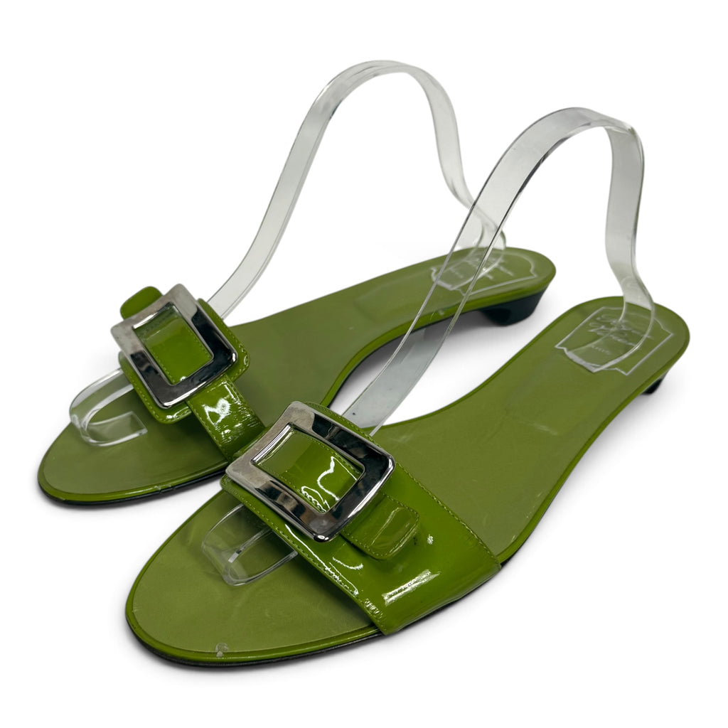 roger vivier green patent leather silver buckle slide sandals