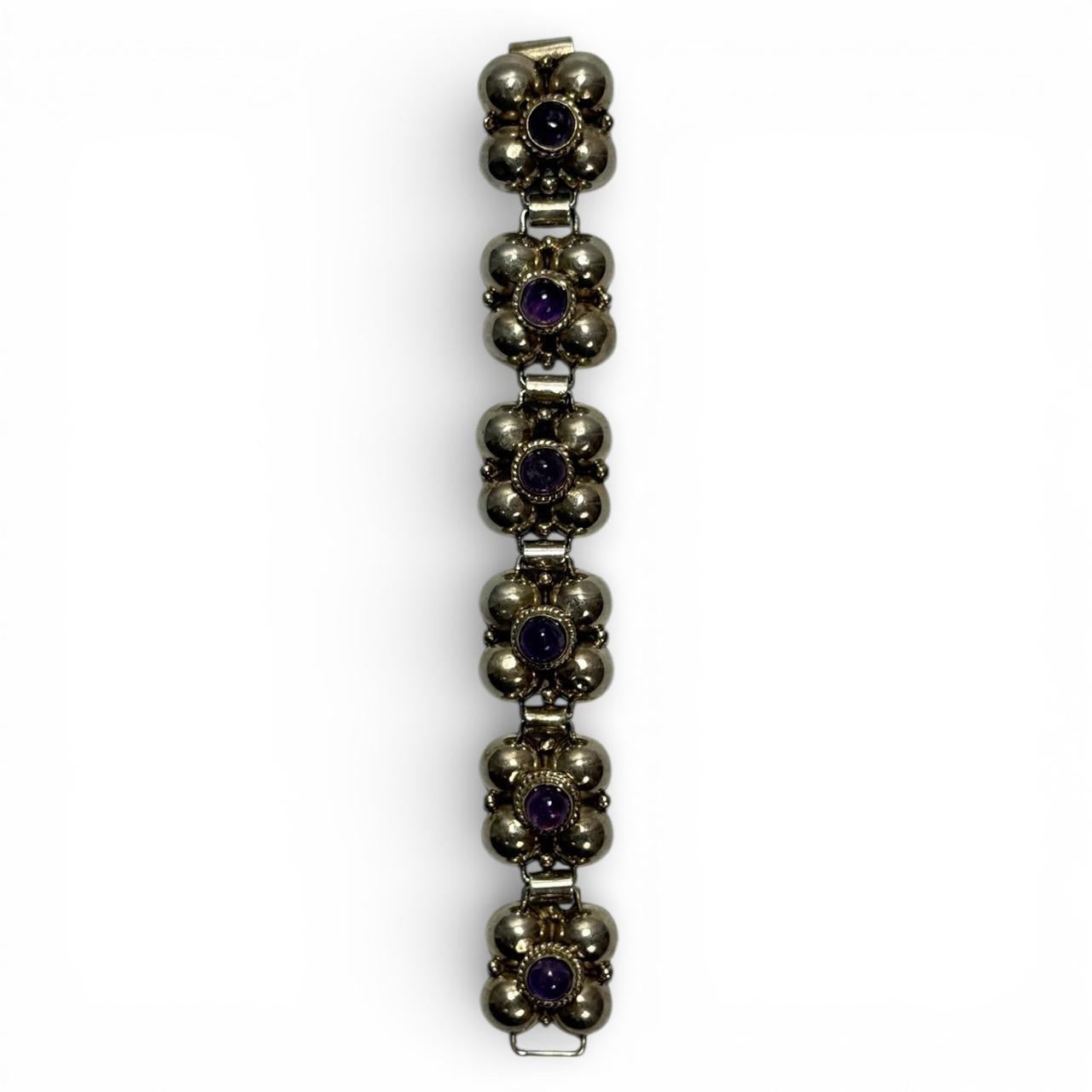 vintage mexican sterling silver & amethyst cabochon chunky bracelet