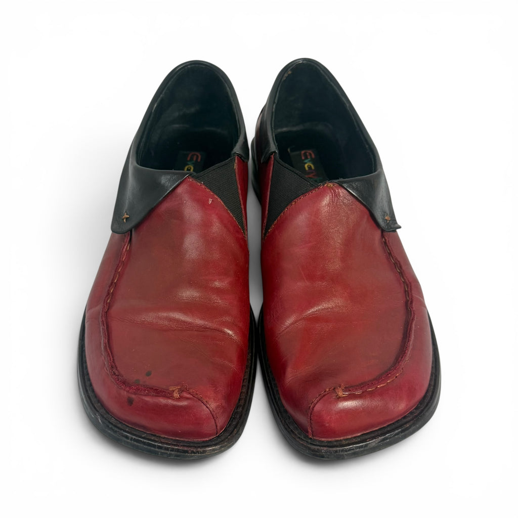 everybody bz moda red + black italian leather slip on square toe loafers
