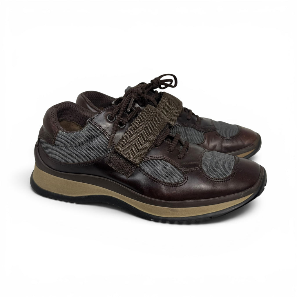 vintage prada americas cup line rosso dark brown leather low top sneakers