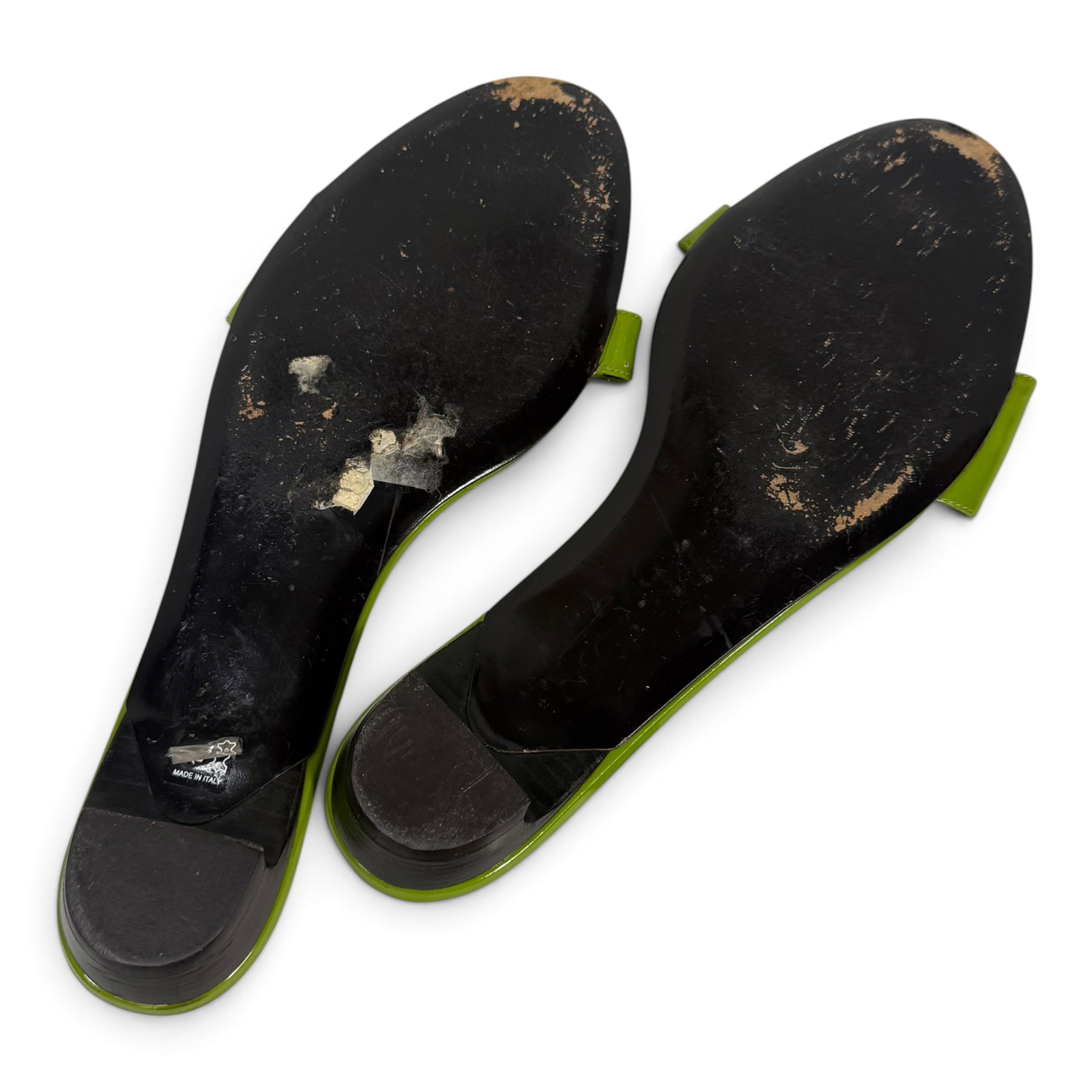 roger vivier green patent leather silver buckle slide sandals