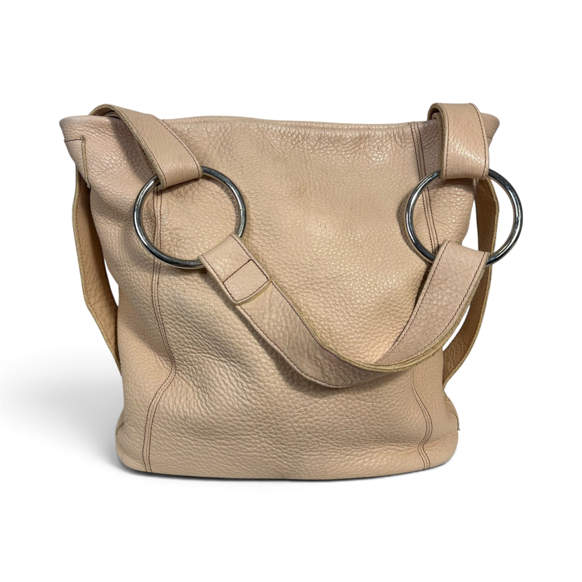 vintage c&b made in spain cream pebbled leather + silver o ring hobo bag
