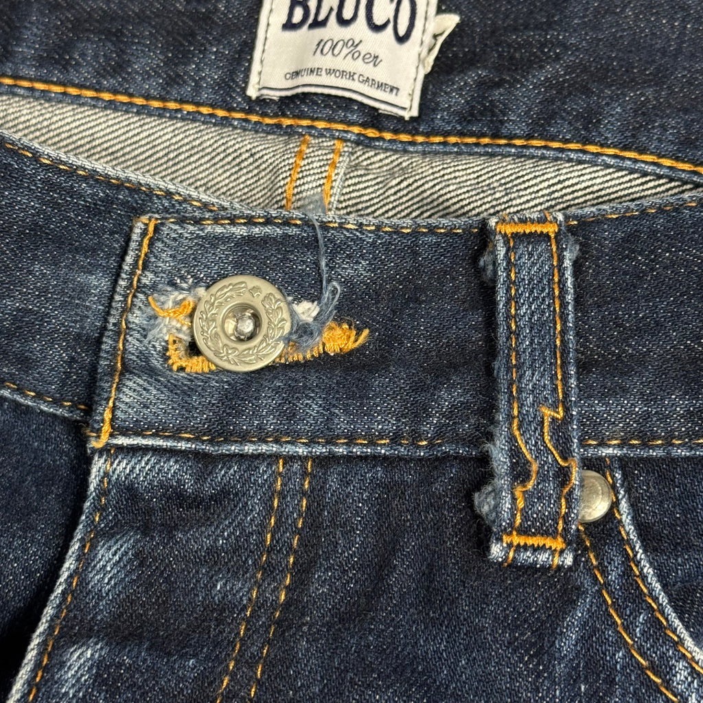 bluco work garment standard distressed indigo japanese denim button fly jeans