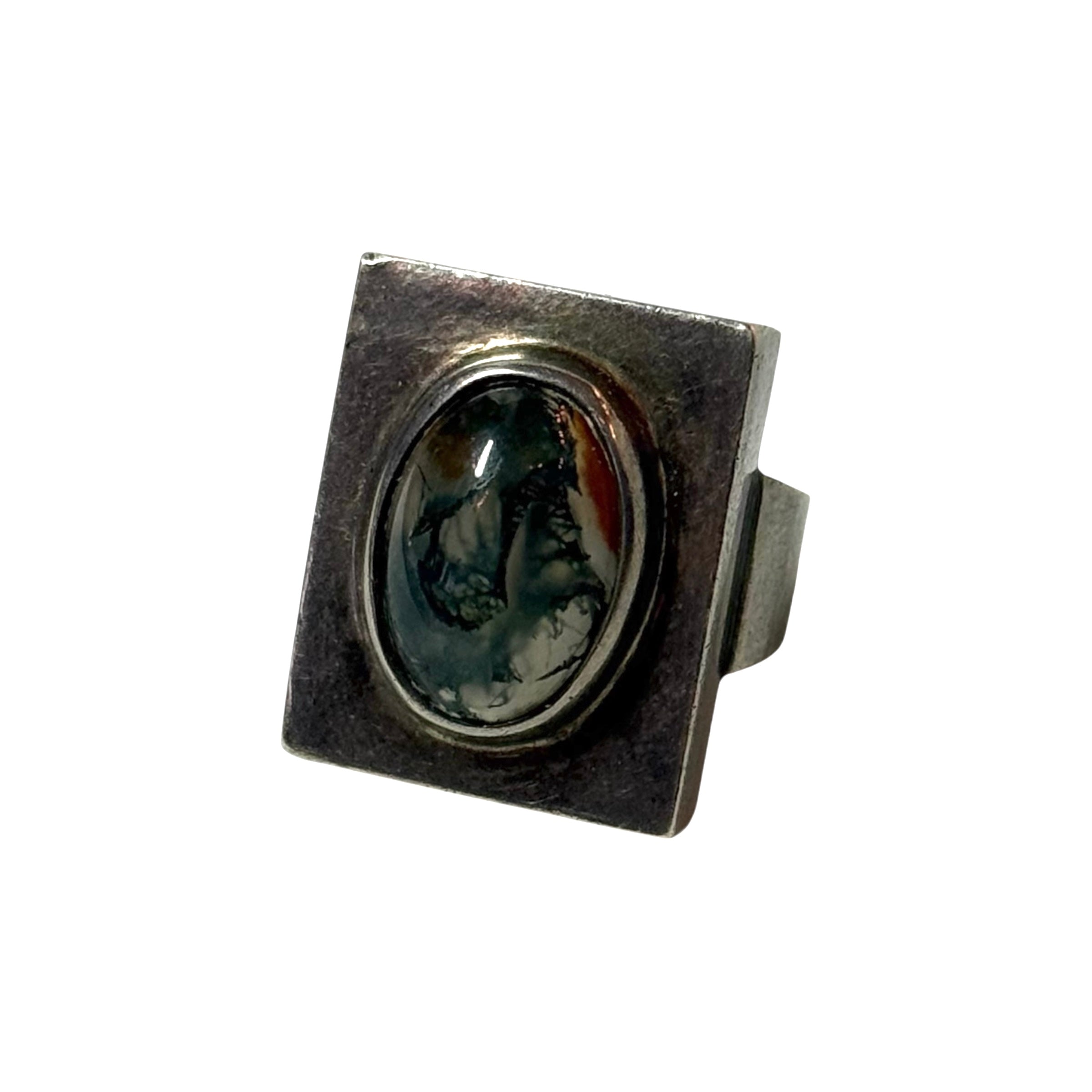 vintage artisanal silver & moss agate modernist architectural ring