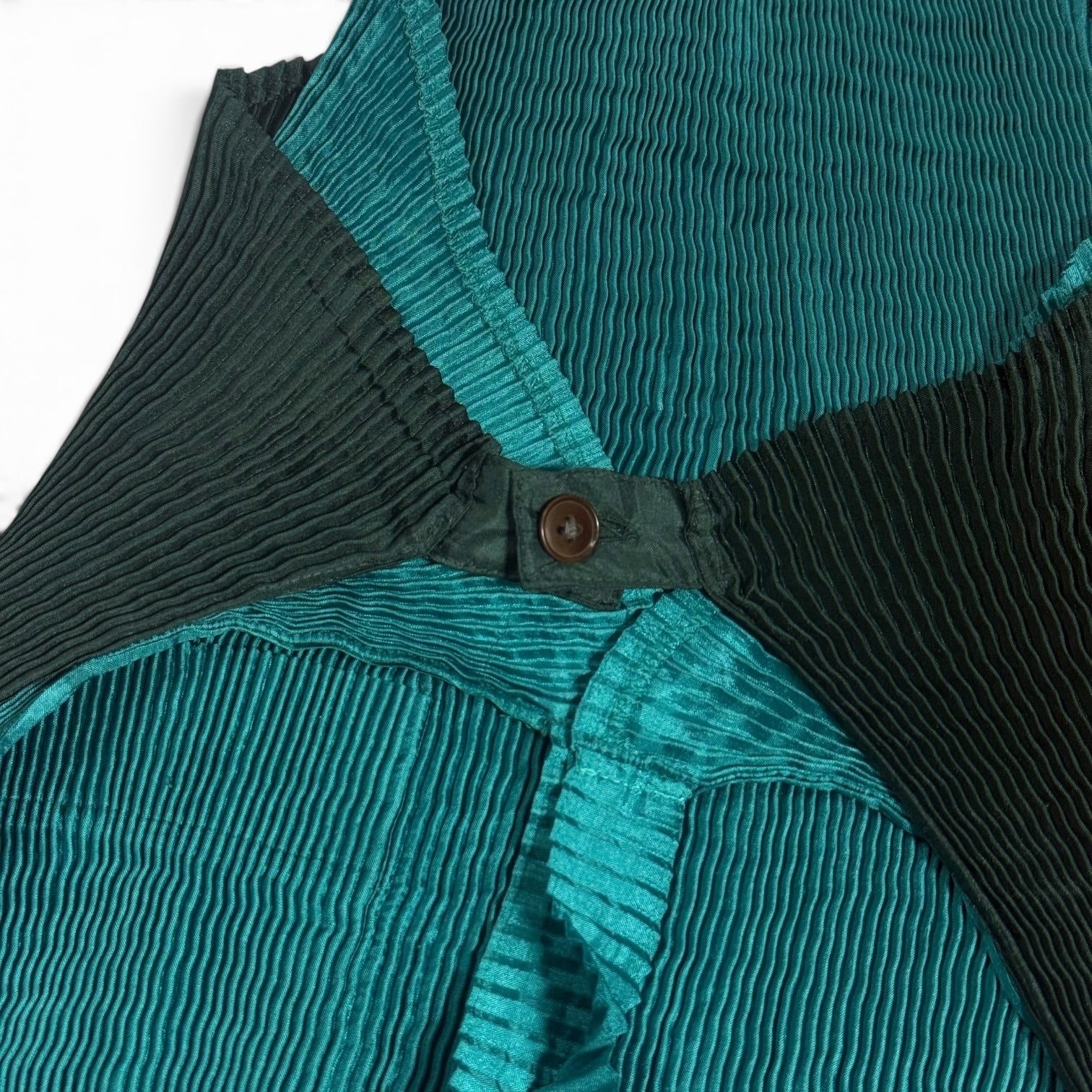 vintage 90s issey miyake im product two tone teal + dark green pleated apron dress